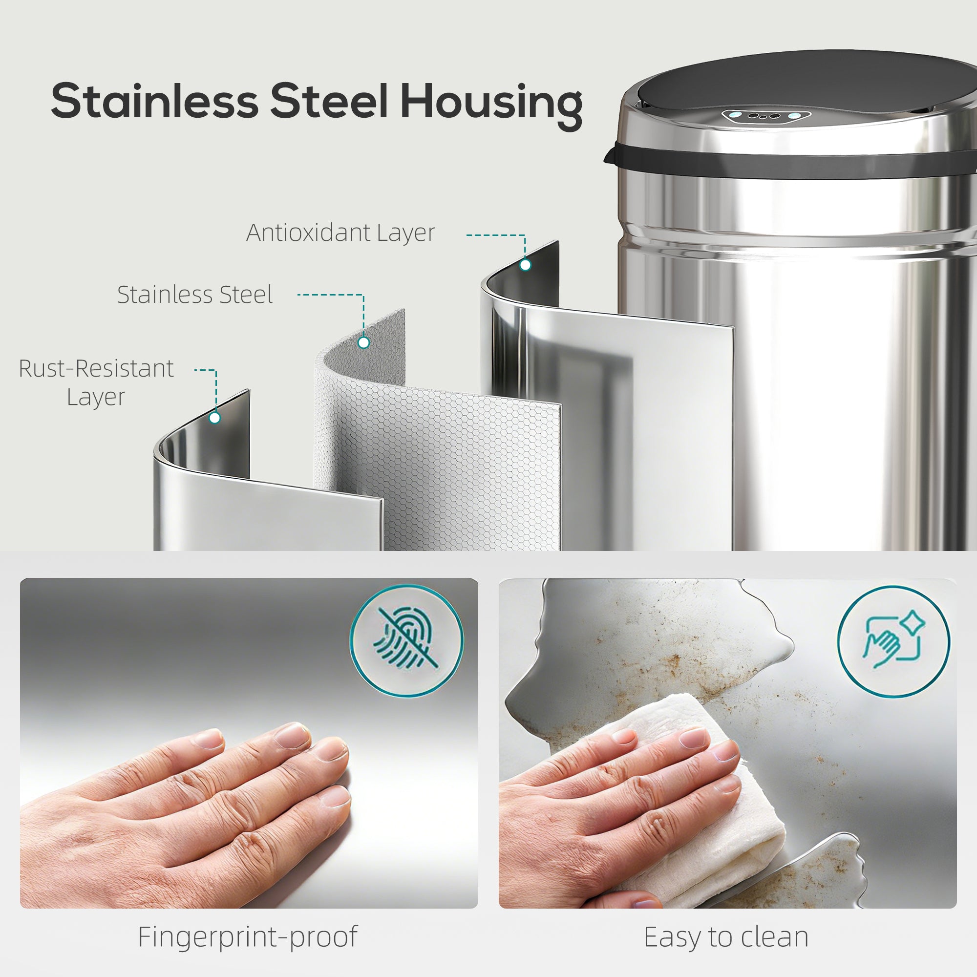 HOMCOM 42L Stainless Steel Sensor Bin - Silver Tone