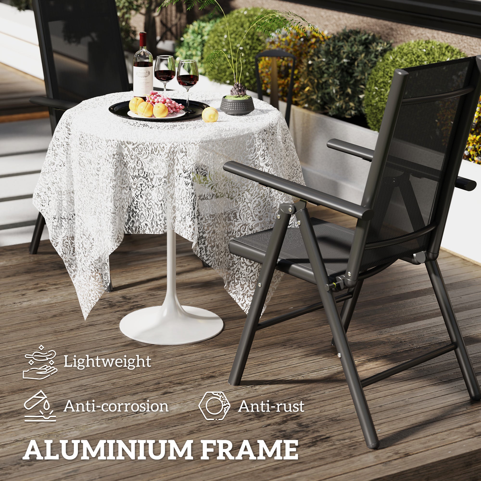 Outsunny Set of 2 Folding Chair, Aluminium Frame Outdoor Camping Chairs with Breathable Mesh Back and Seat, Garden Chair Set with Armrests for Balcony, Black - North Peak Garden Furniture