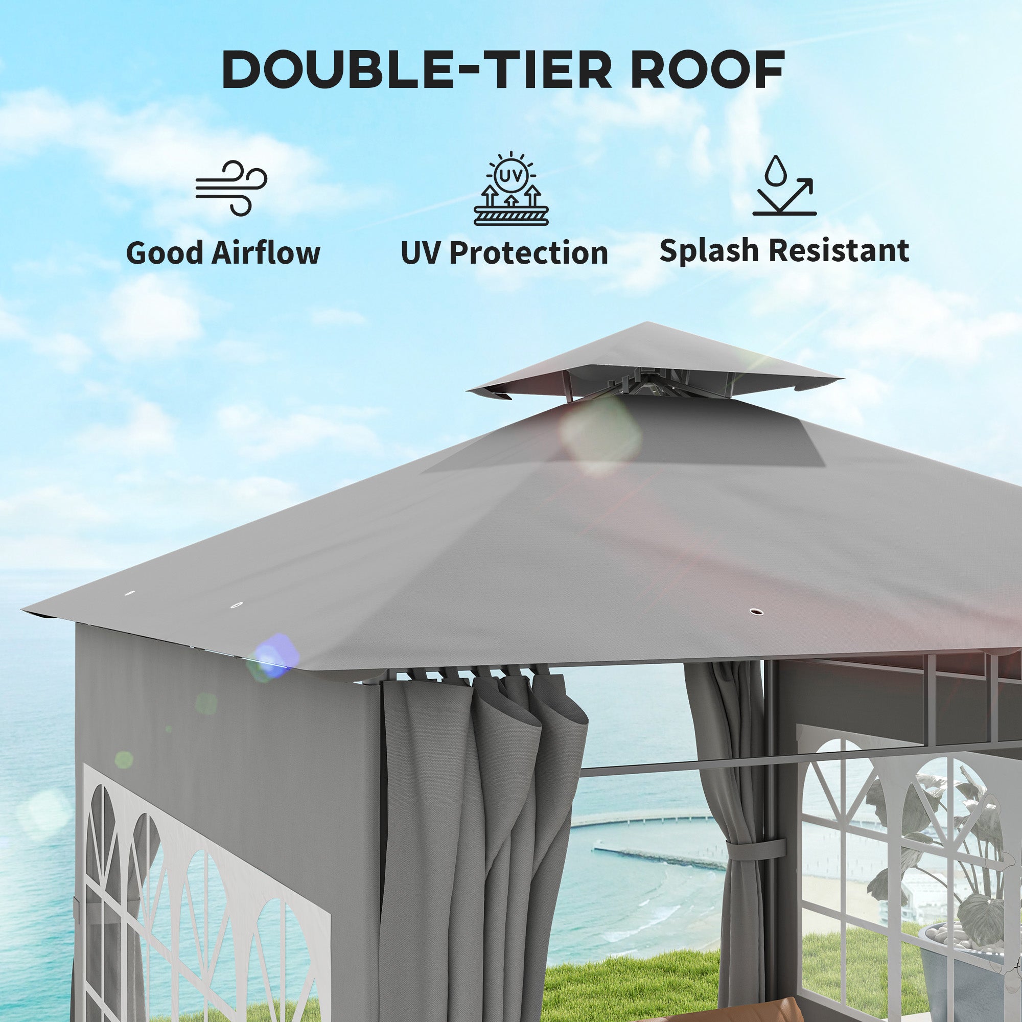 Outsunny 3 x 3 m Garden Gazebo, Double Roof Metal Gazebo with Removable Sidewalls and Church Windows, Outdoor Canopy Shelter, Light Grey - North Peak Garden Furniture