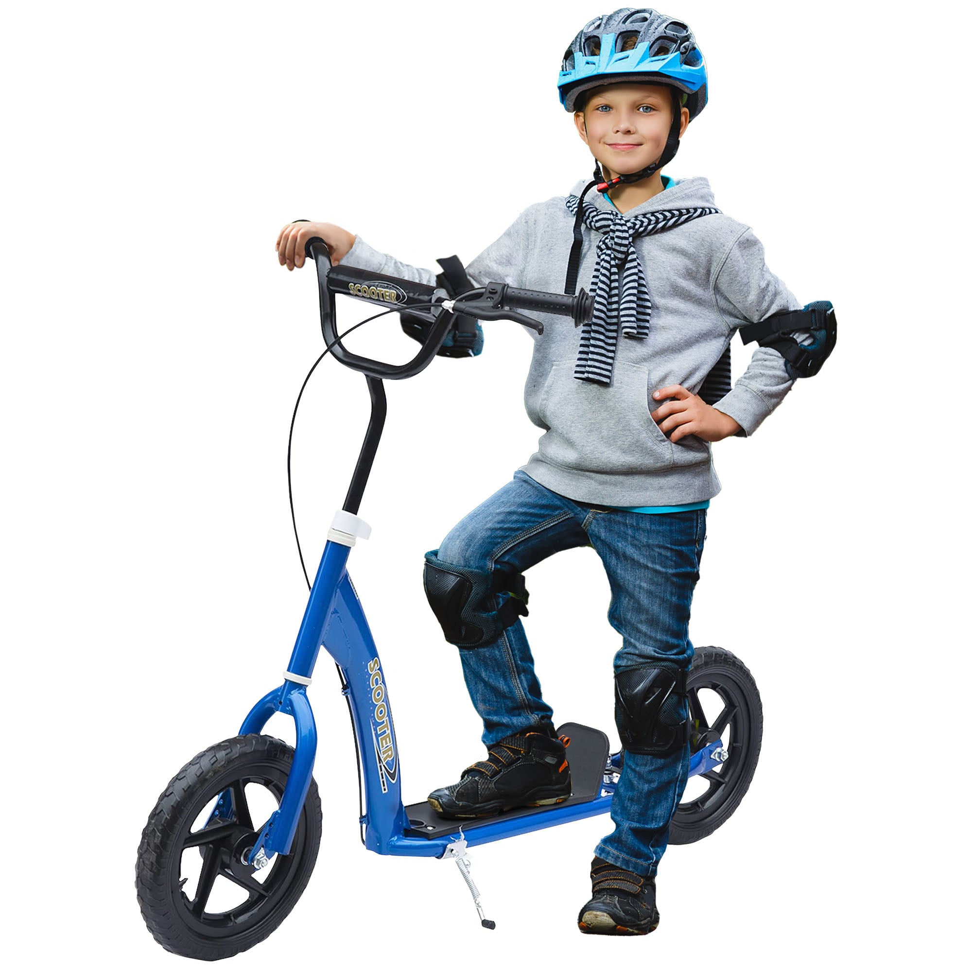 HOMCOM Teen Push Scooter, Kids Scooter w/ 12" EVA Tyres, Rear Brake, Foot Brace, Children Stunt Scooter Big Wheels Scooter for 5-12 Years Old, Blue