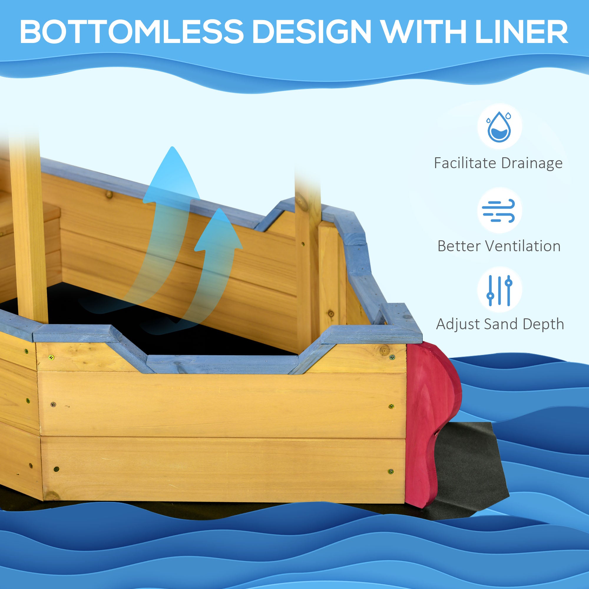 Outsunny Kids Wooden Sand Pit Children Sandbox Pirate Ship Sandboat Play Station for Outdoor w/ Canopy Shade Storage Bench Bottom Liner - North Peak Garden Furniture
