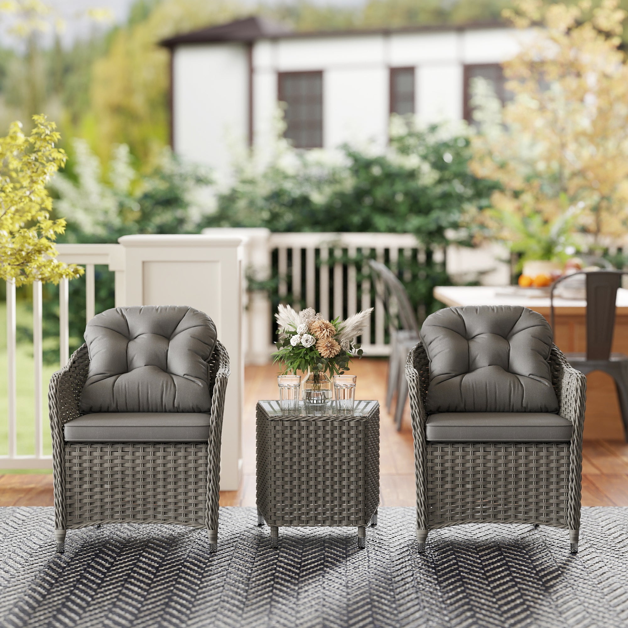 Outsunny 3 Pieces Rattan Bistro Set, Wicker Garden Bistro Set, Glass Top Balcony Table and Chairs with Cushions for Outdoor, Patio, Balcony, Light Grey - North Peak Garden Furniture