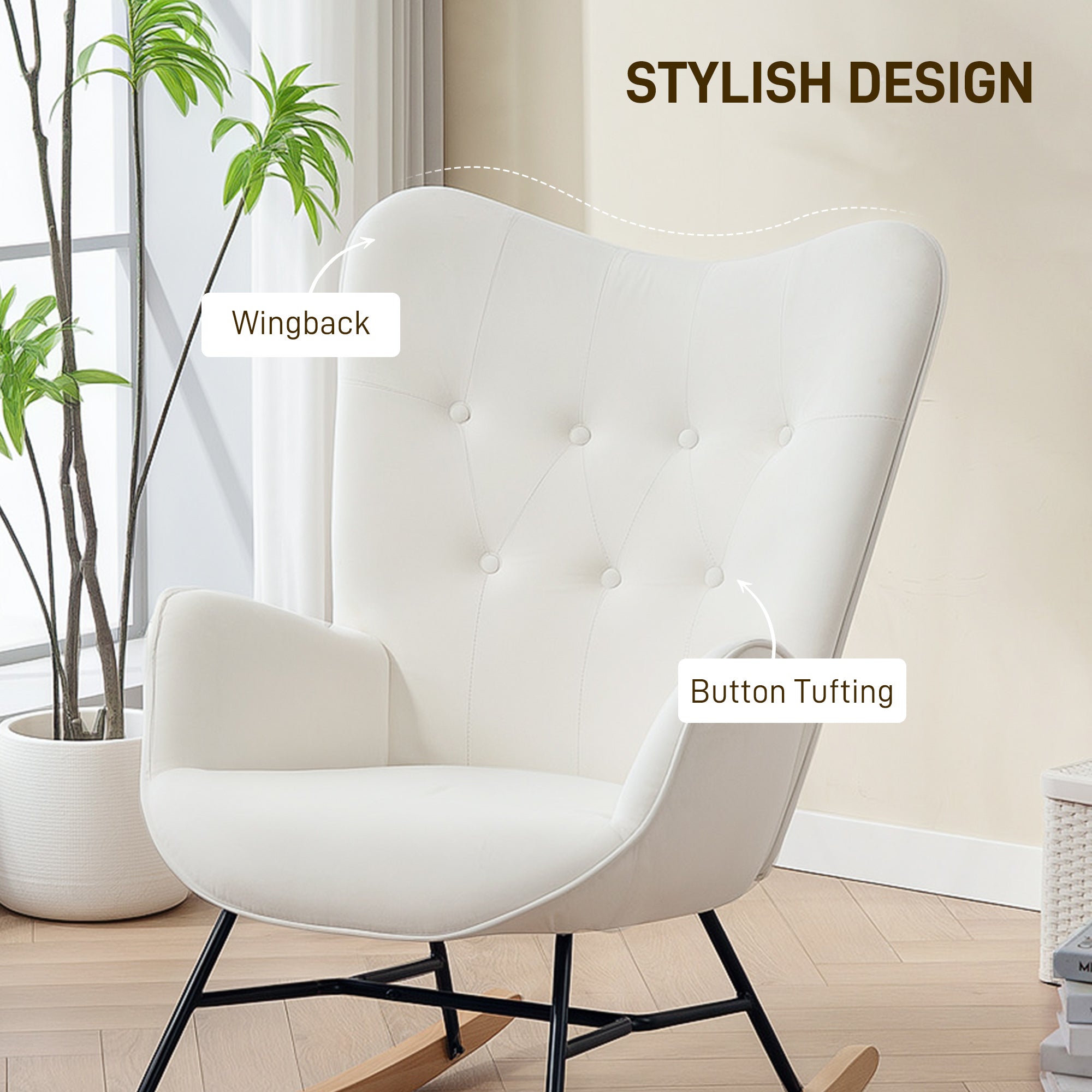 HOMCOM Rocking Chair, Modern Upholstered Velvet Armchair with Solid Wood Legs and Metal Frame for Living Room, Bedroom, Cream - North Peak Garden Furniture