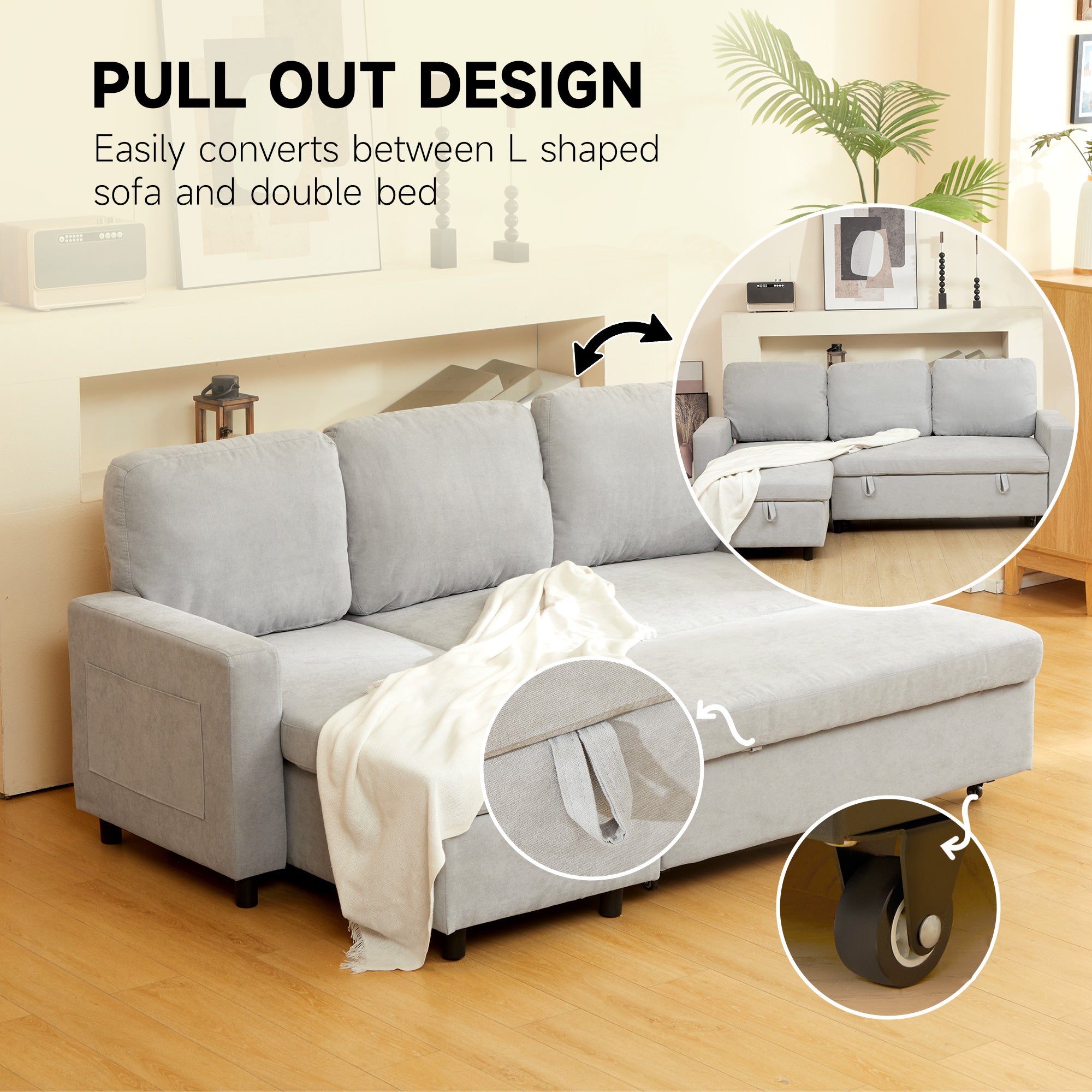 HOMCOM L Sofa Bed, with Storage - Light Grey