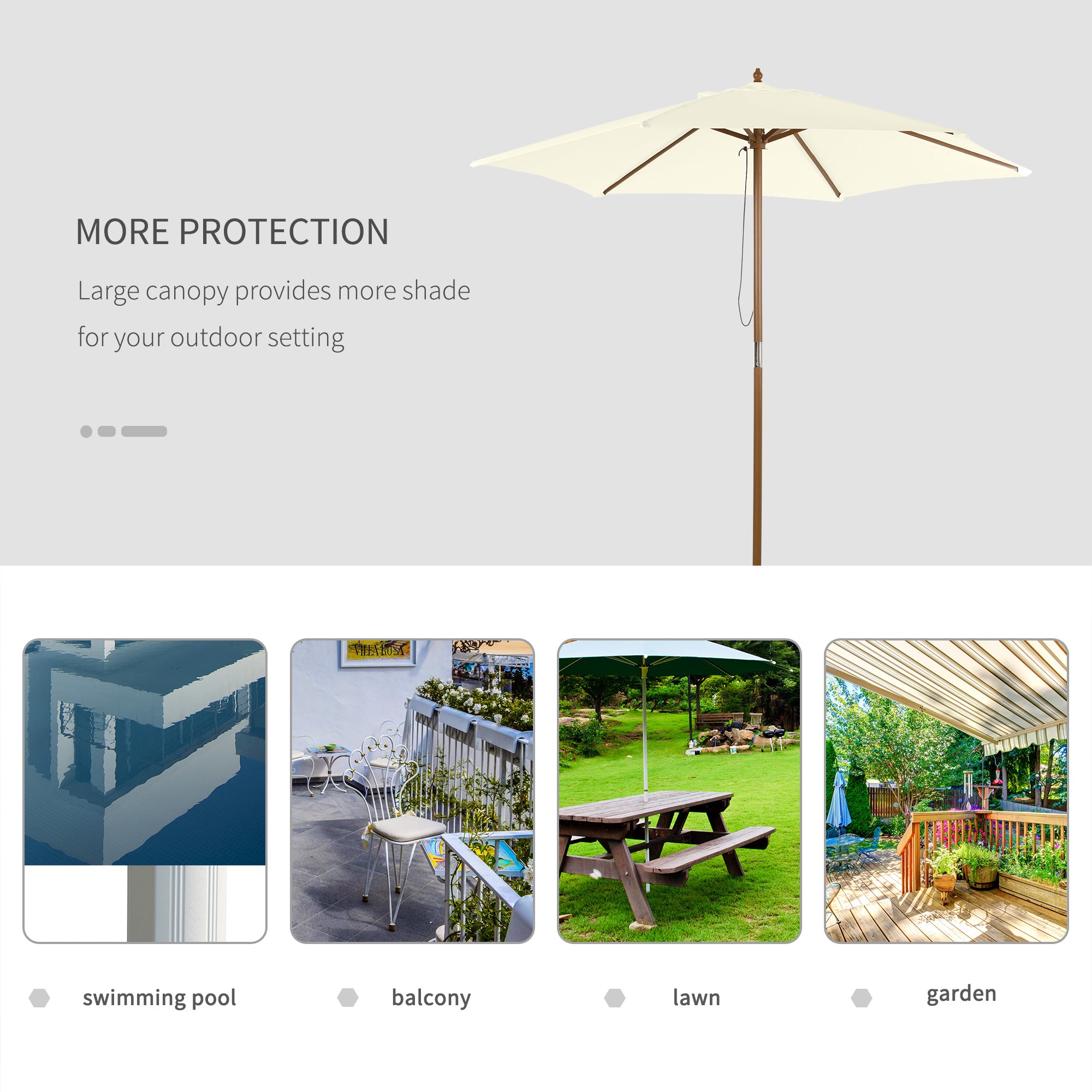 Outsunny 2.5m Patio Umbrella, Wood Garden Parasol, Sun Shade with 6 Ribs and Top Vent for Outdoor, White - North Peak Garden Furniture