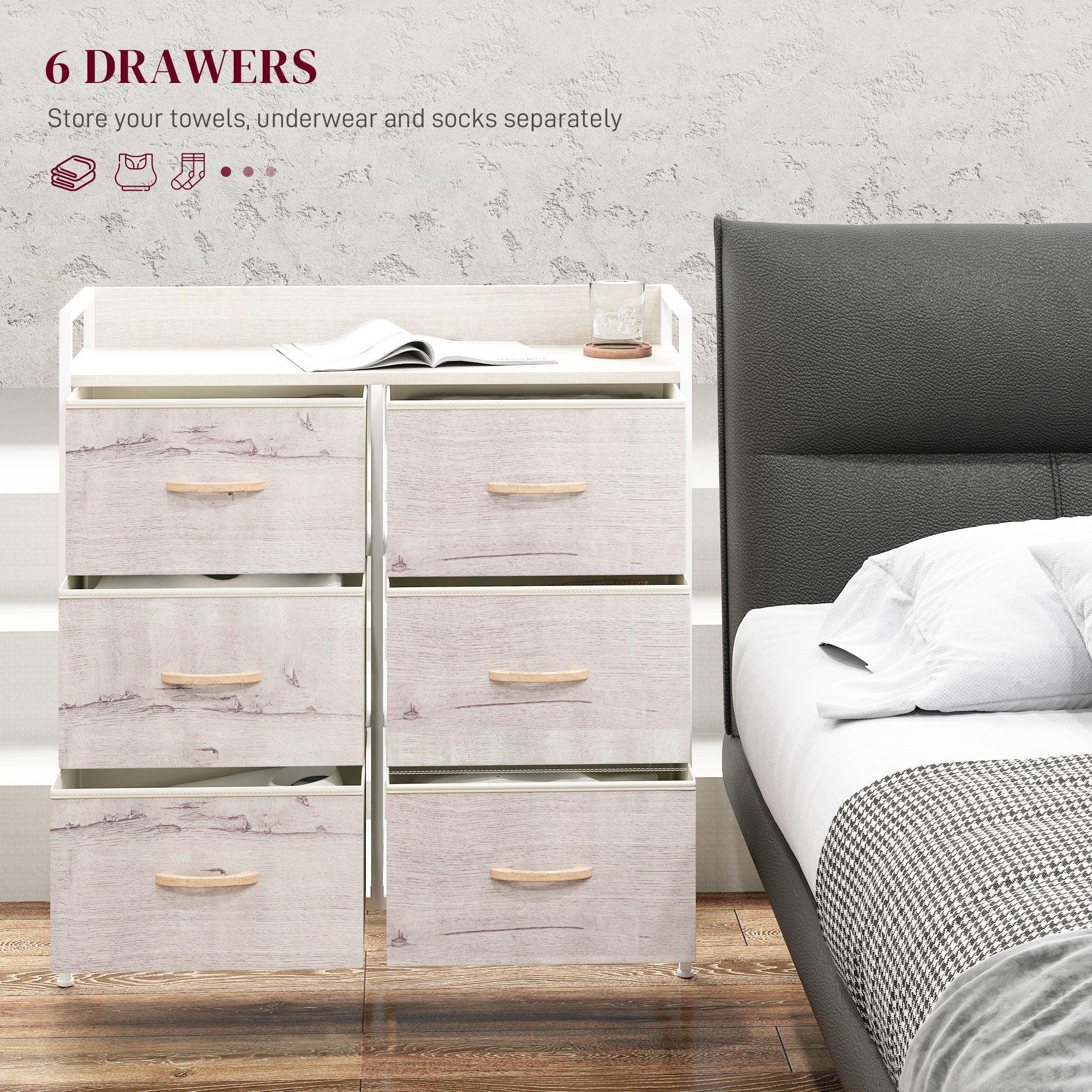 HOMCOM Rustic Chest of Six Fabric Drawers - Natural - North Peak Garden Furniture