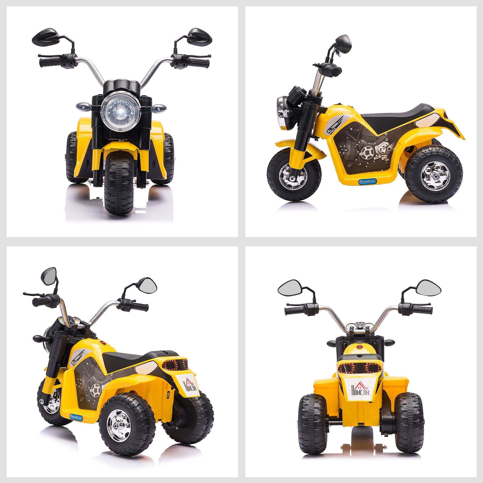 HOMCOM 6V Kids Electric Motorbike 3 Wheels Ride On Toy with Horn Headlights Realistic Sounds for Girl Boy 18 - 36 Months Yellow - North Peak Garden Furniture