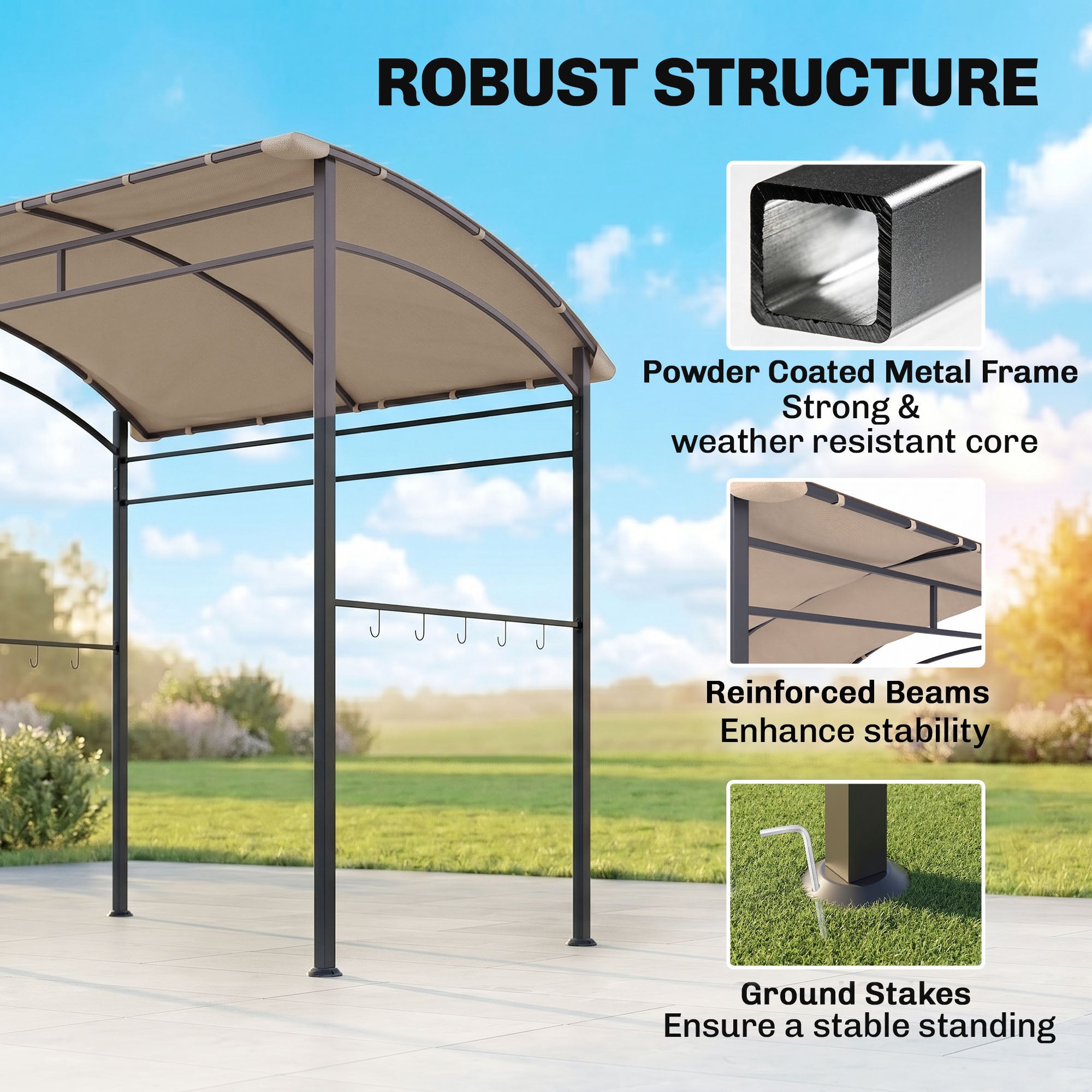 Outsunny 2.2 x 1.5 m BBQ Grill Gazebo Tent, Garden Grill with Metal Frame, Curved Canopy and 10 Hooks, Outdoor Sun Shade, Khaki