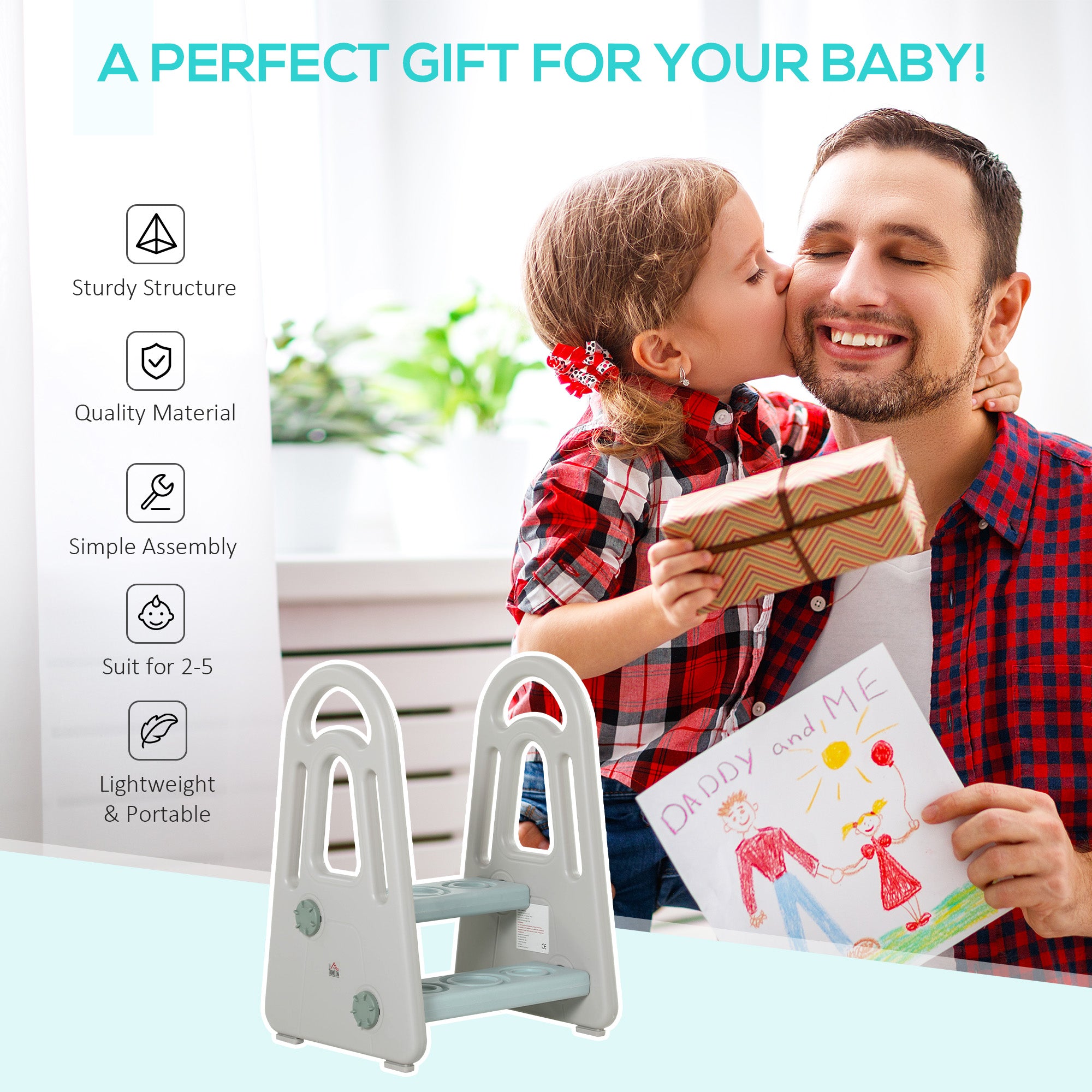 HOMCOM Kids Toddler Step Stool Ladder Kitchen Helper for Toilet Potty Training Bathroom Sink Bedroom Blue and Grey - North Peak Garden Furniture