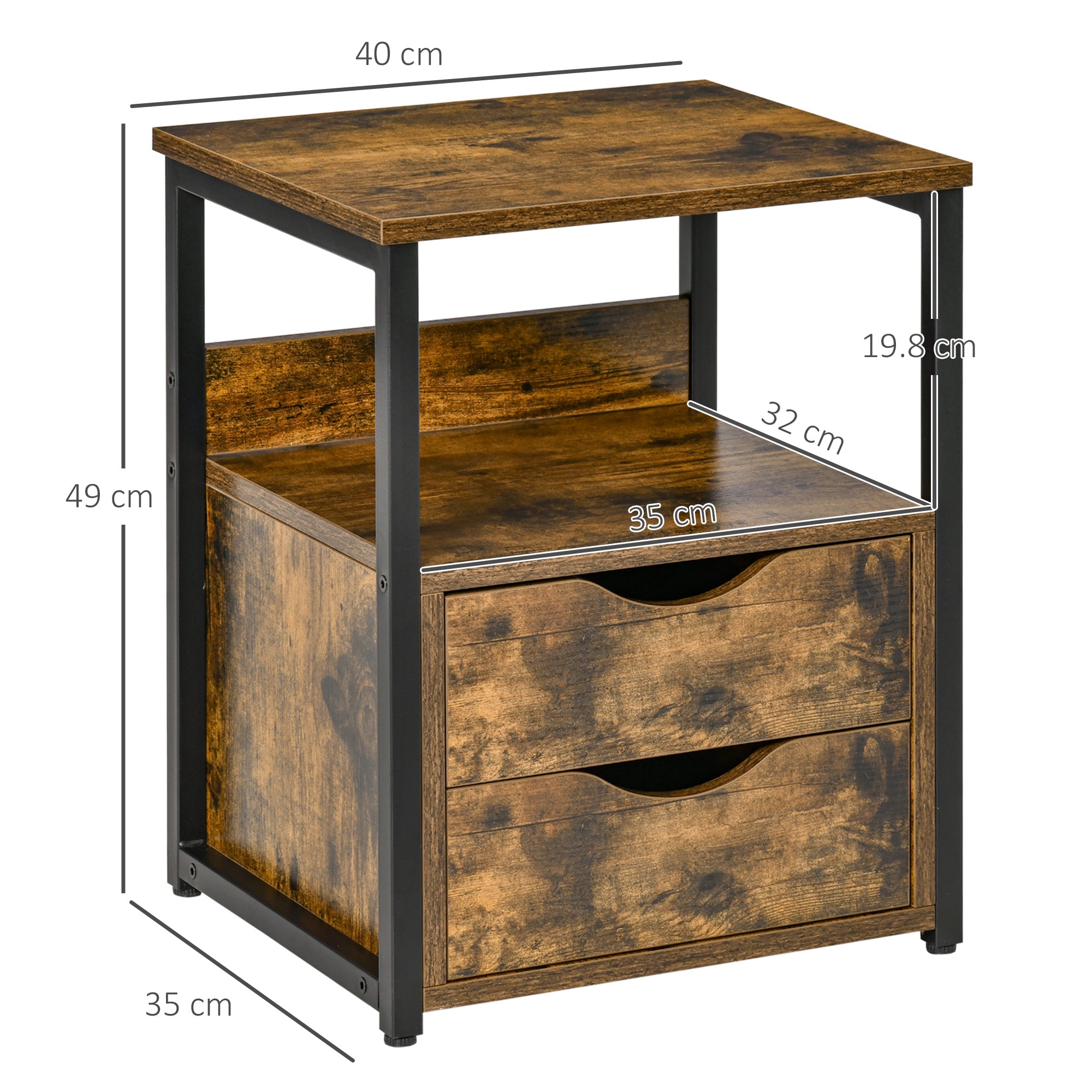 HOMCOM Industrial Side Table Set of 2, Sofa Table with Drawer, Bedside Cabinet with Storage Shelf, Slim Nightstand for Living Room, Bedroom, Rustic Brown - North Peak Garden Furniture