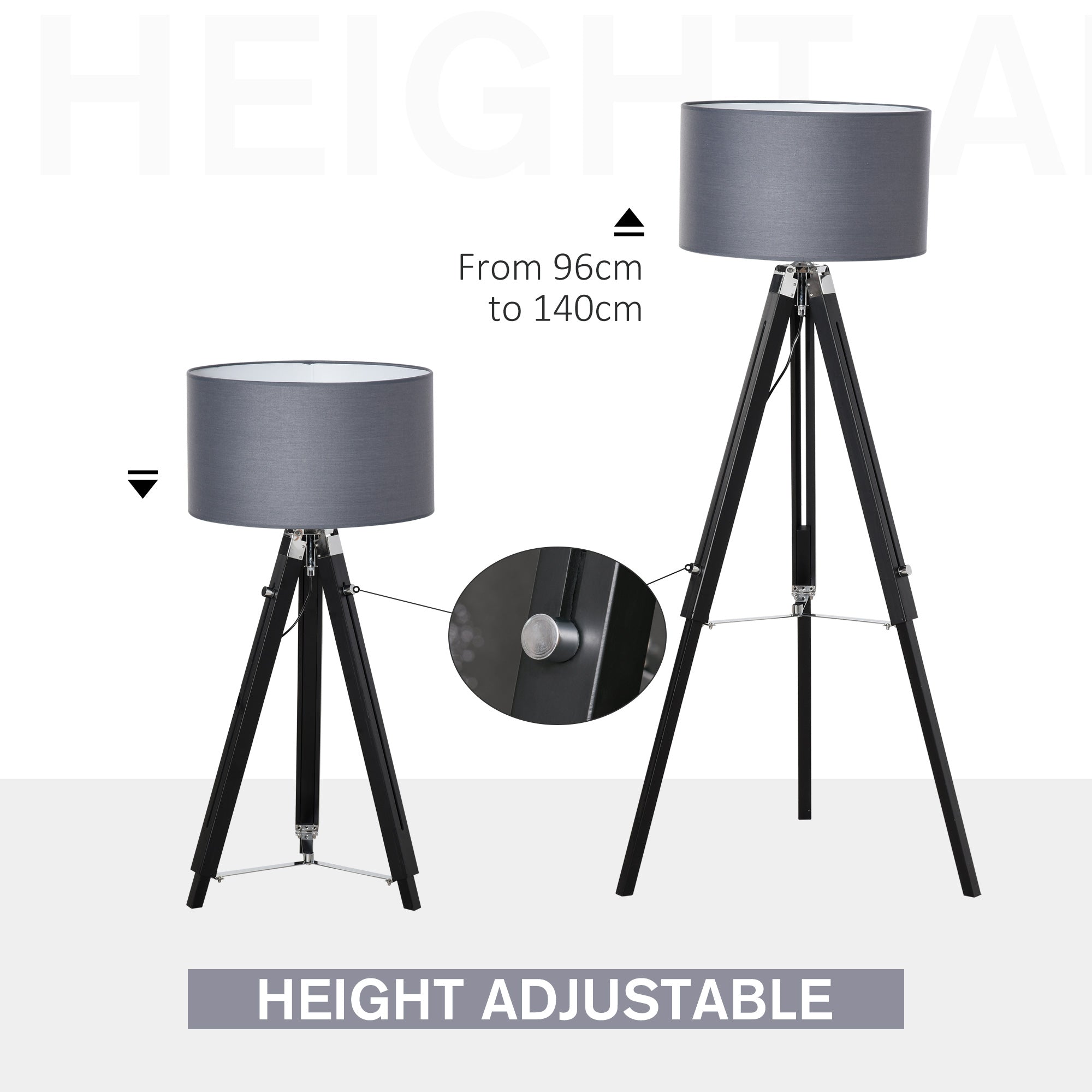 HOMCOM Modern Tripod Floor Lamps for Living Room with Fabric Lampshade, Standing Lamp for Bedroom Bulb not Included, Grey and Black