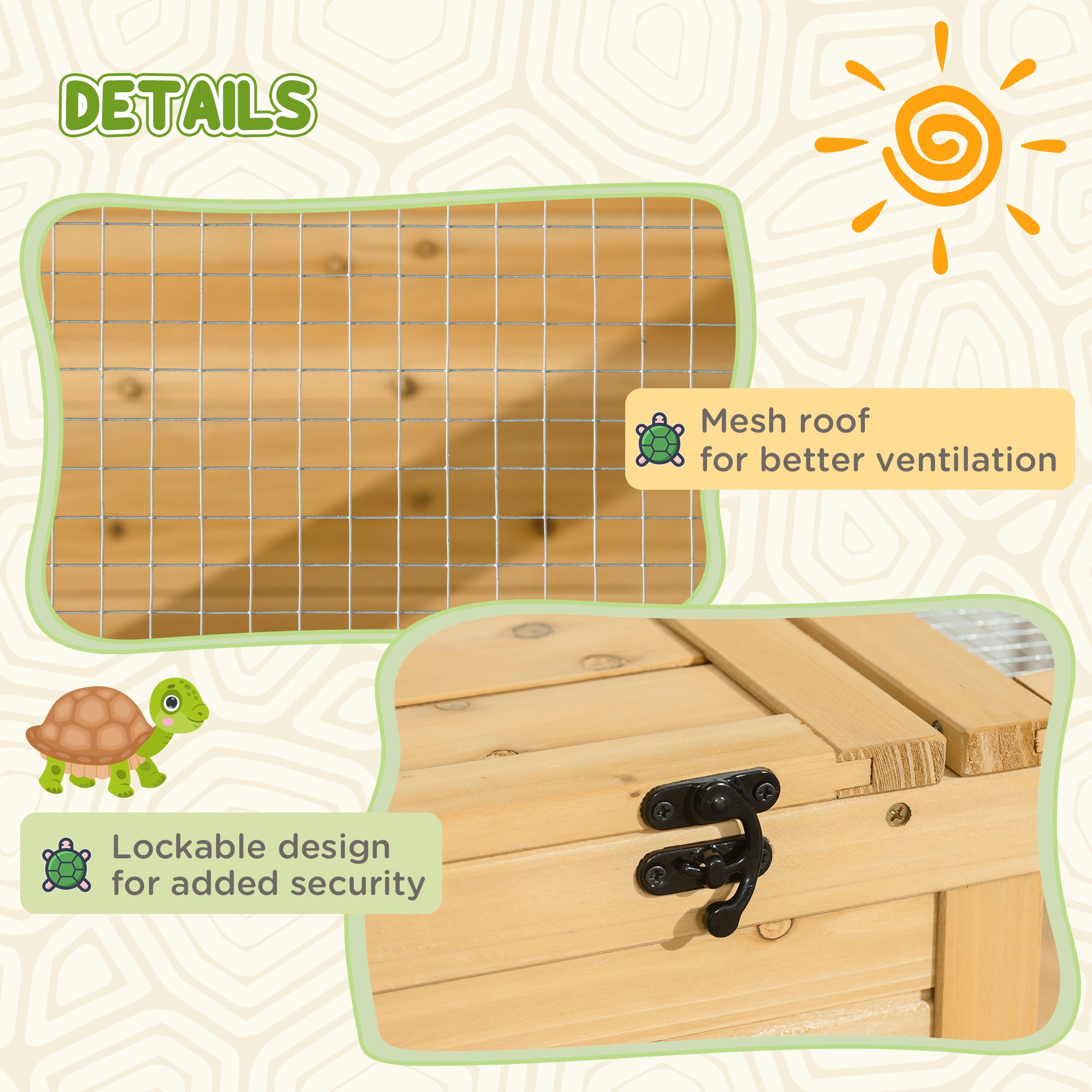 PawHut Tortoise House, Small Reptile Wooden House, with Mesh Roofs, Side Panels, for Turtles, Lizards, Geckos and Snakes