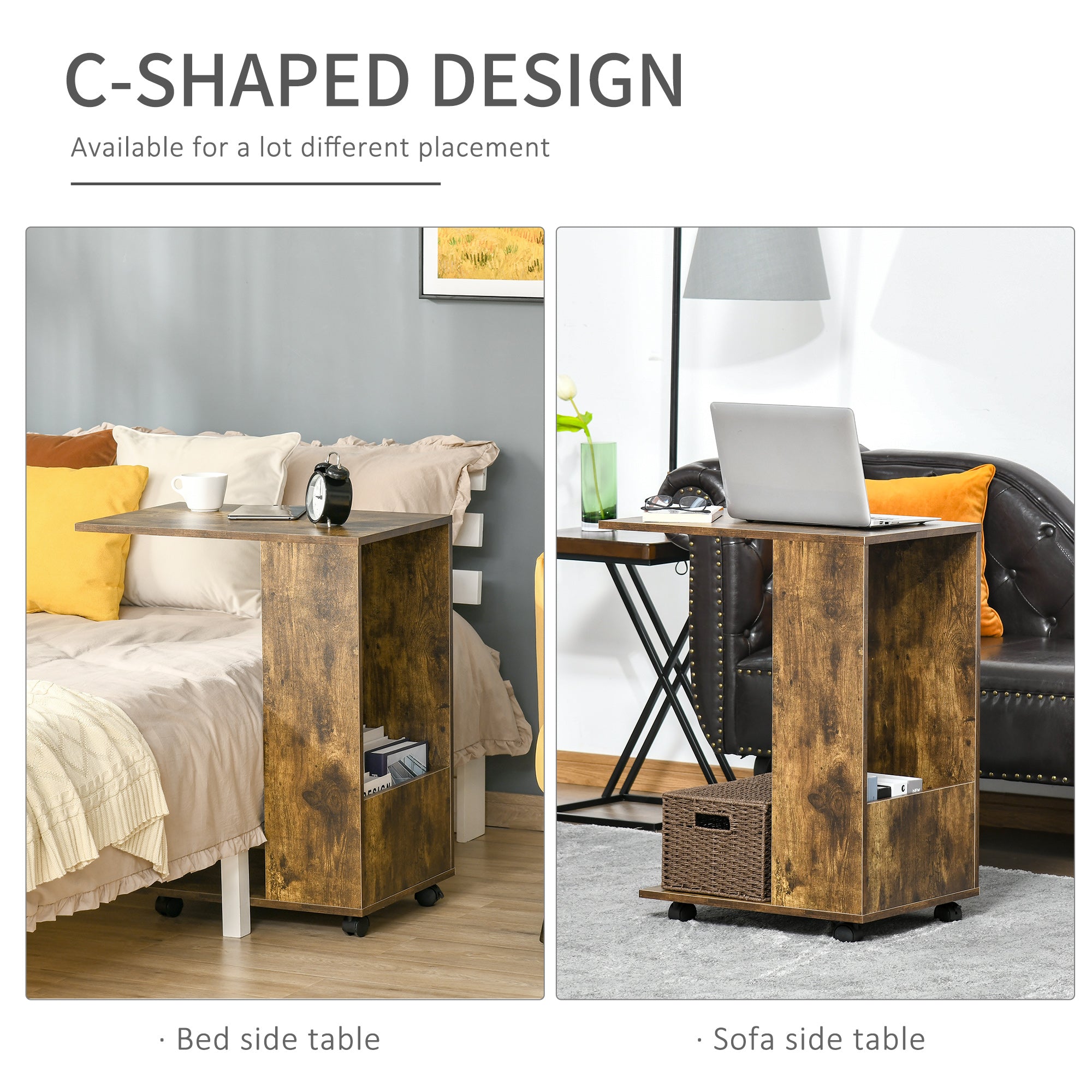 HOMCOM Mobile Sofa Side Table C-Shape End Table with Storage and Casters for Laptop Coffee Snack, Rustic Brown - North Peak Garden Furniture