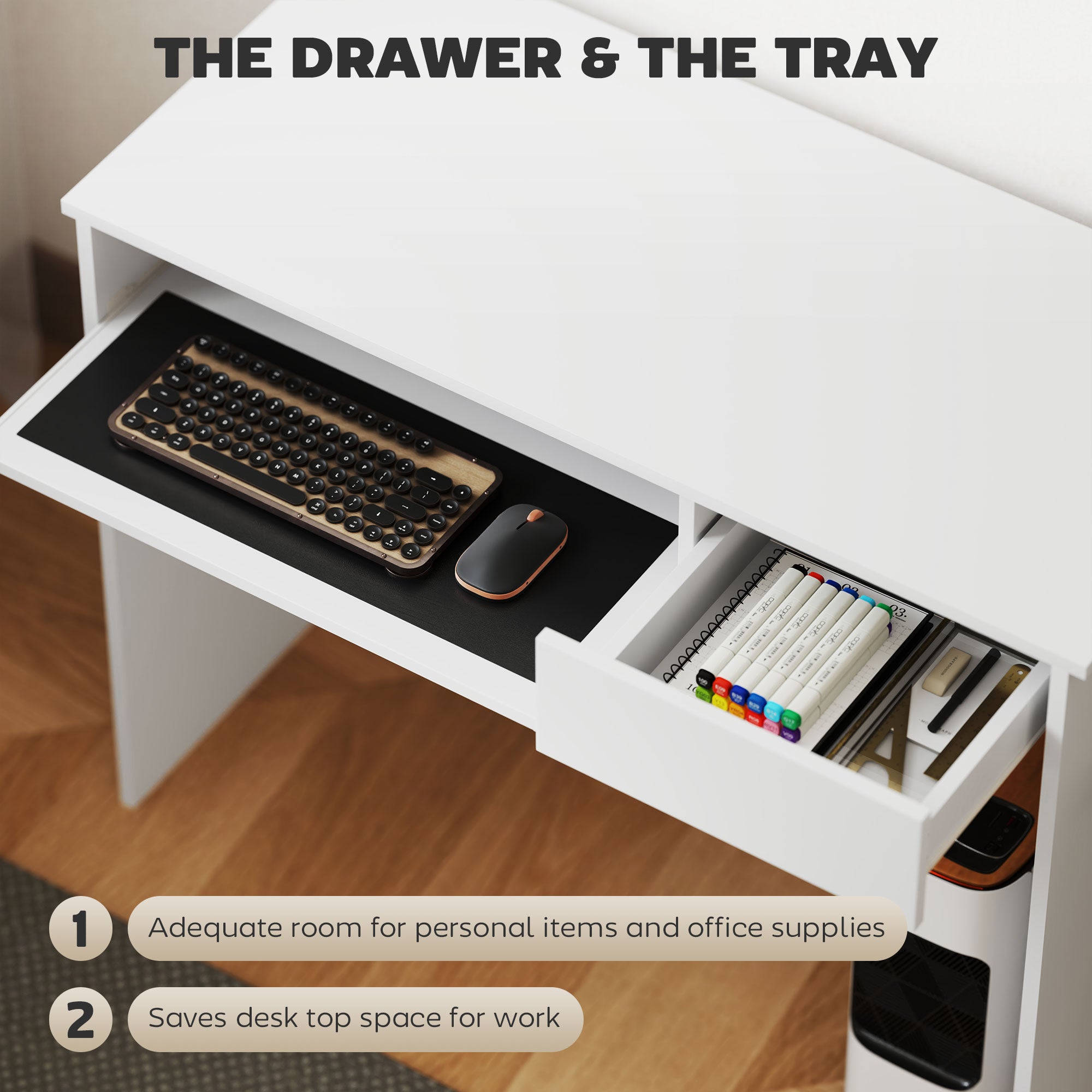 HOMCOM 100cm Compact Computer Desk with Keyboard Tray, Home Office Desk with Drawer for Bedroom Study, White - North Peak Garden Furniture