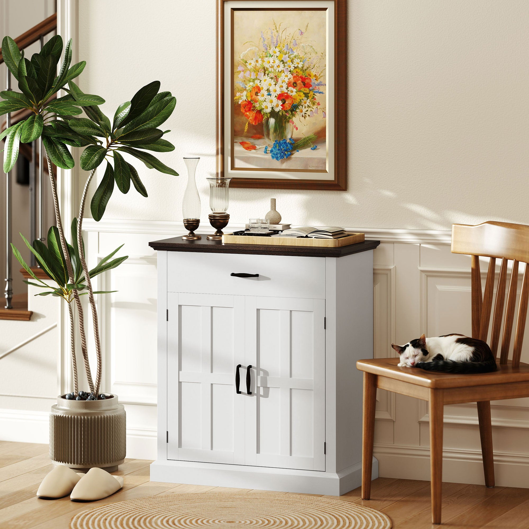 HOMCOM Farmhouse Sideboard with 3 cm Thick Top 2 Barn Doors - White - North Peak Garden Furniture