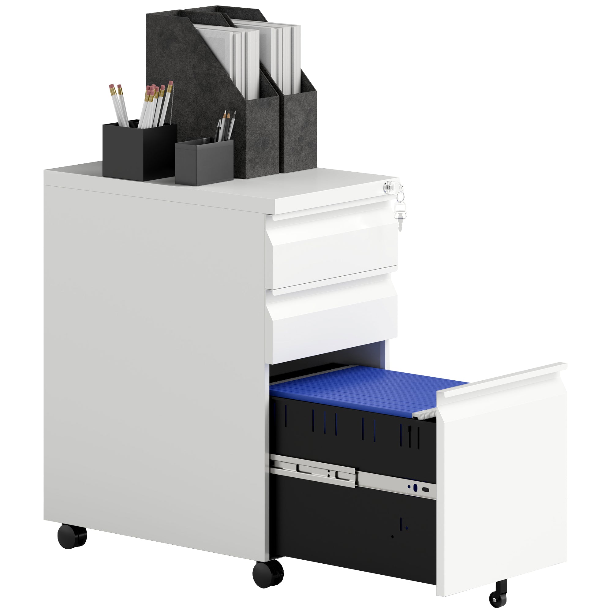 Vinsetto 3-Drawer Steel Filing Cabinet with Lock and Wheels - White - North Peak Garden Furniture