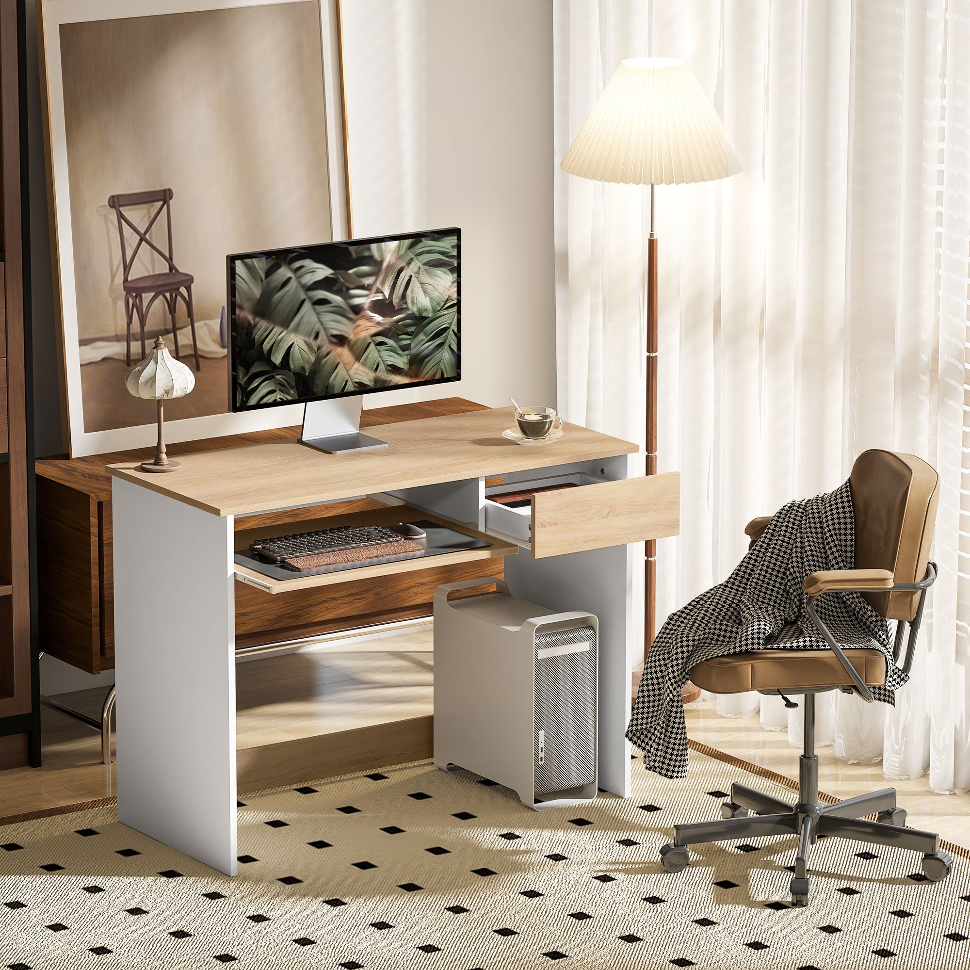 HOMCOM 100cm Compact Computer Desk with Keyboard Tray, Home Office Desk with Drawer for Bedroom Study, Oak - North Peak Garden Furniture