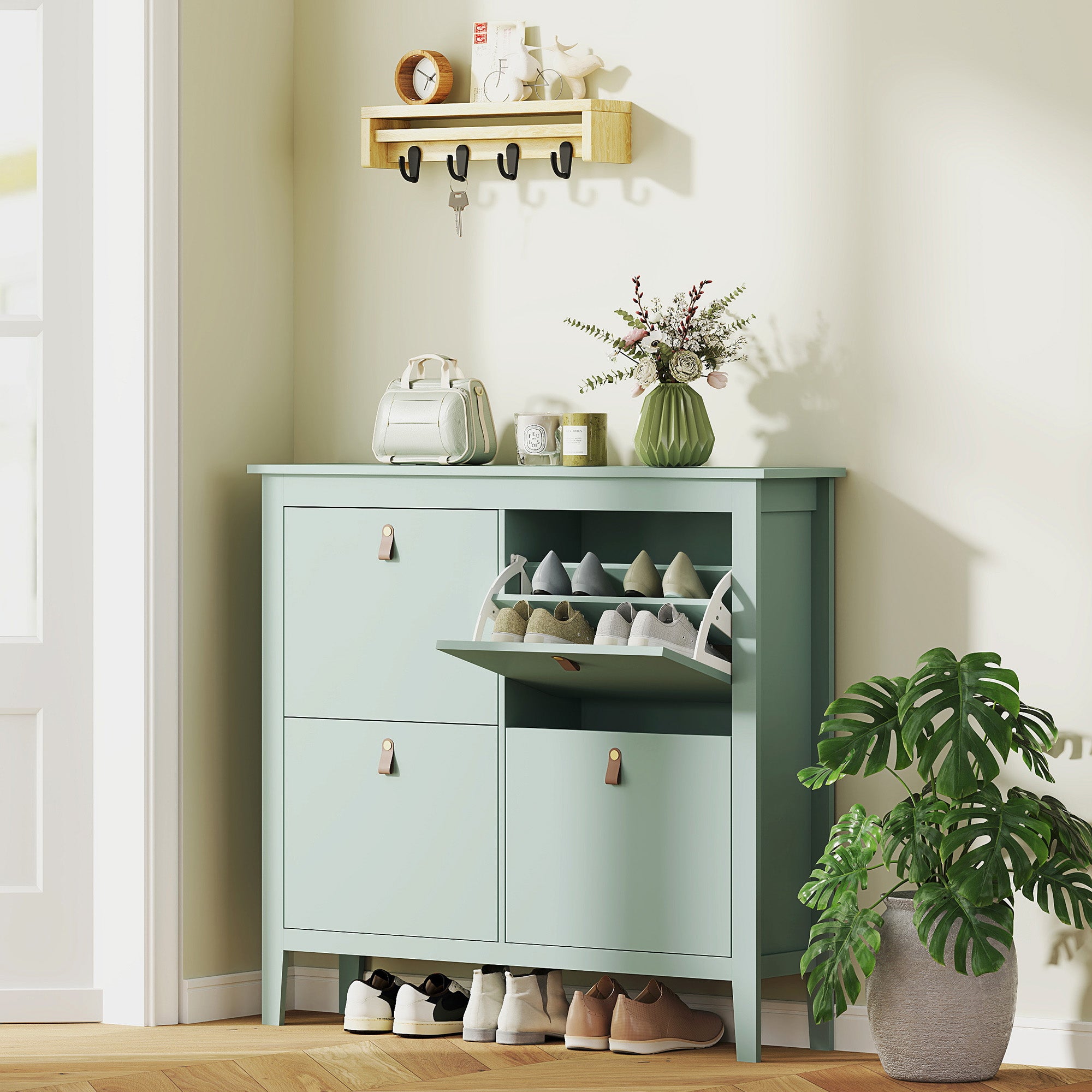 HOMCOM Modern Four-Drawer Shoe Cabinet - Green - North Peak Garden Furniture