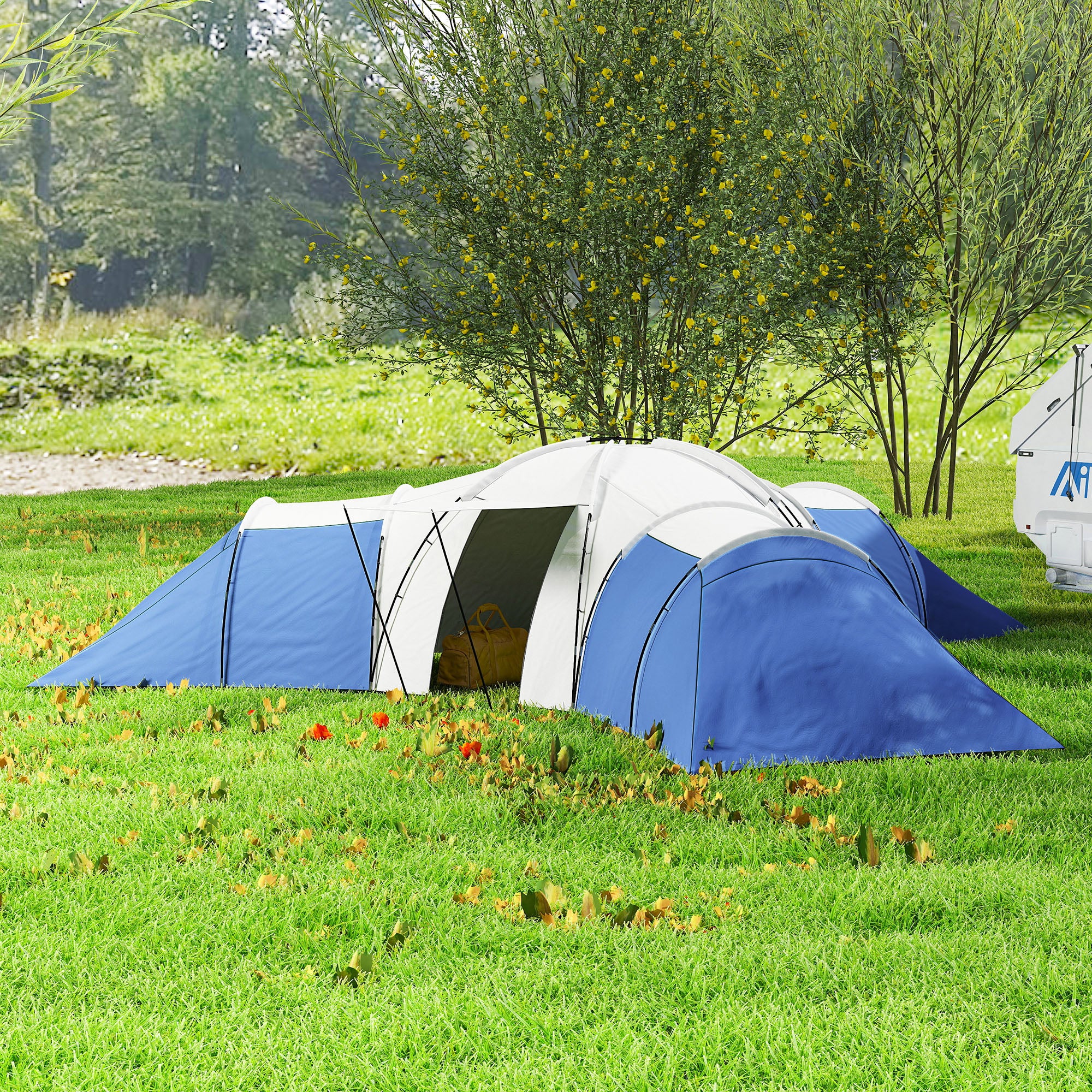 Outsunny 6-9 Man Tent with Bedrooms and Living Room, Accessories Included, Blue