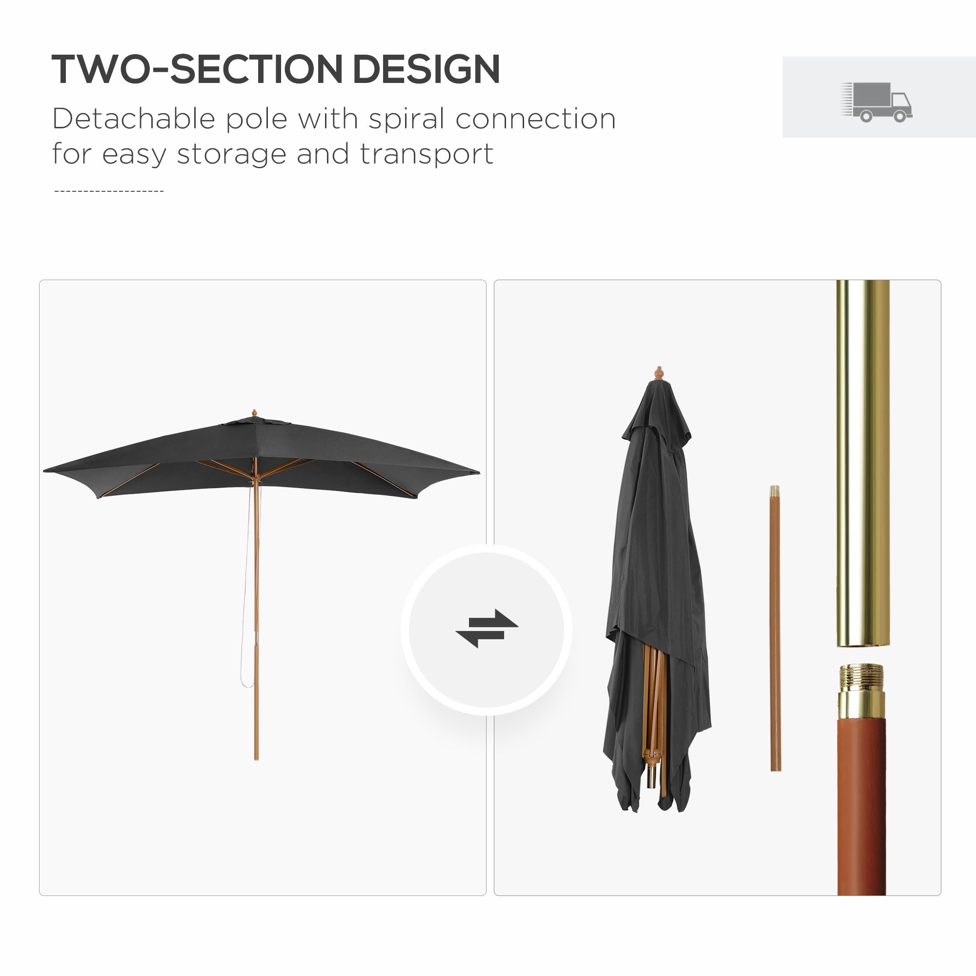 Outsunny 2 x 3m Wooden Garden Parasol Umbrella Outdoor Sun Shade Canopy, Dark Grey - North Peak Garden Furniture