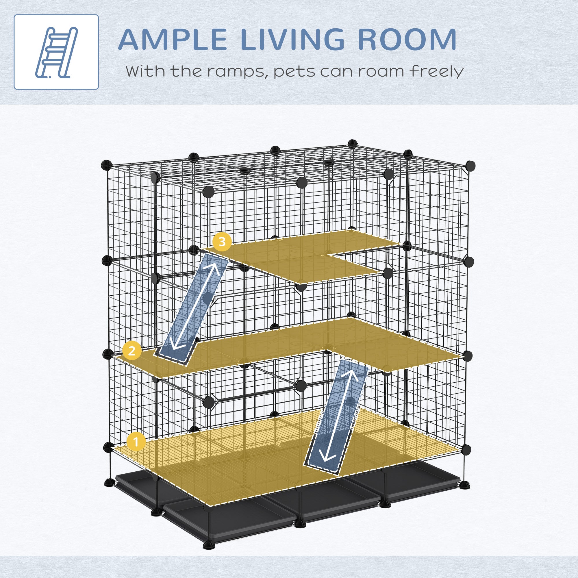PawHut 3 Level DIY Pet Playpen Metal Small Animal Cage Rabbit Ferret Chinchillas Cage 4 Doors Bottom Trays Black - North Peak Garden Furniture