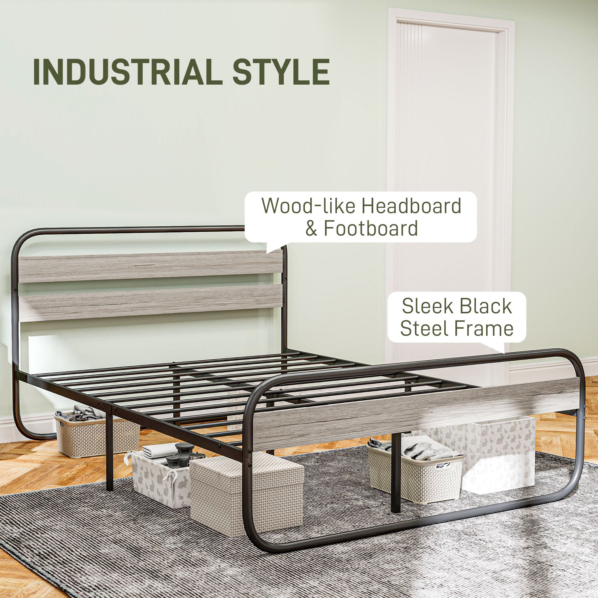 HOMCOM 4ft6 Double Bed Frame, Industrial Style Metal Platform Bed Frame with Under Bed Storage, No Box Spring Needed, Easy Assembly, Grey - North Peak Garden Furniture
