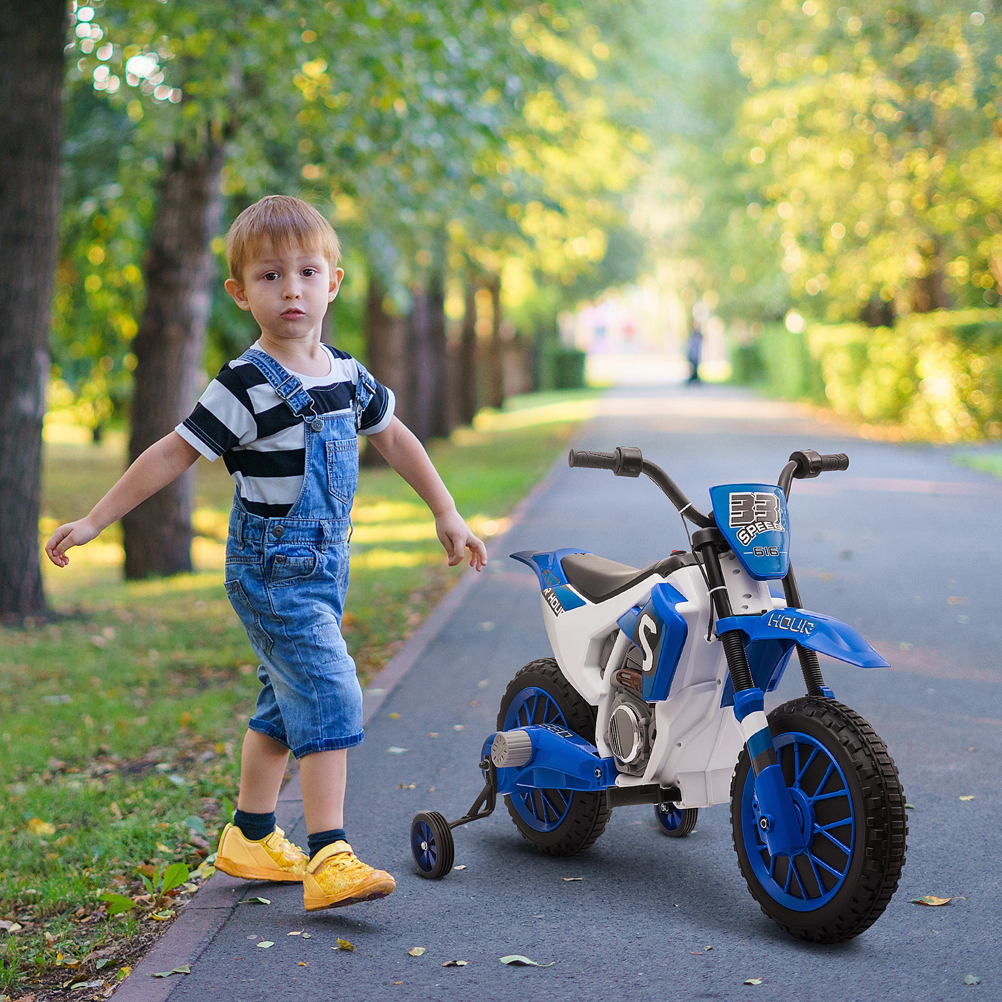 HOMCOM 12V Kids Electric Motorcycle Ride-On, with Training Wheels, for Ages 3-6 Years - Blue - North Peak Garden Furniture