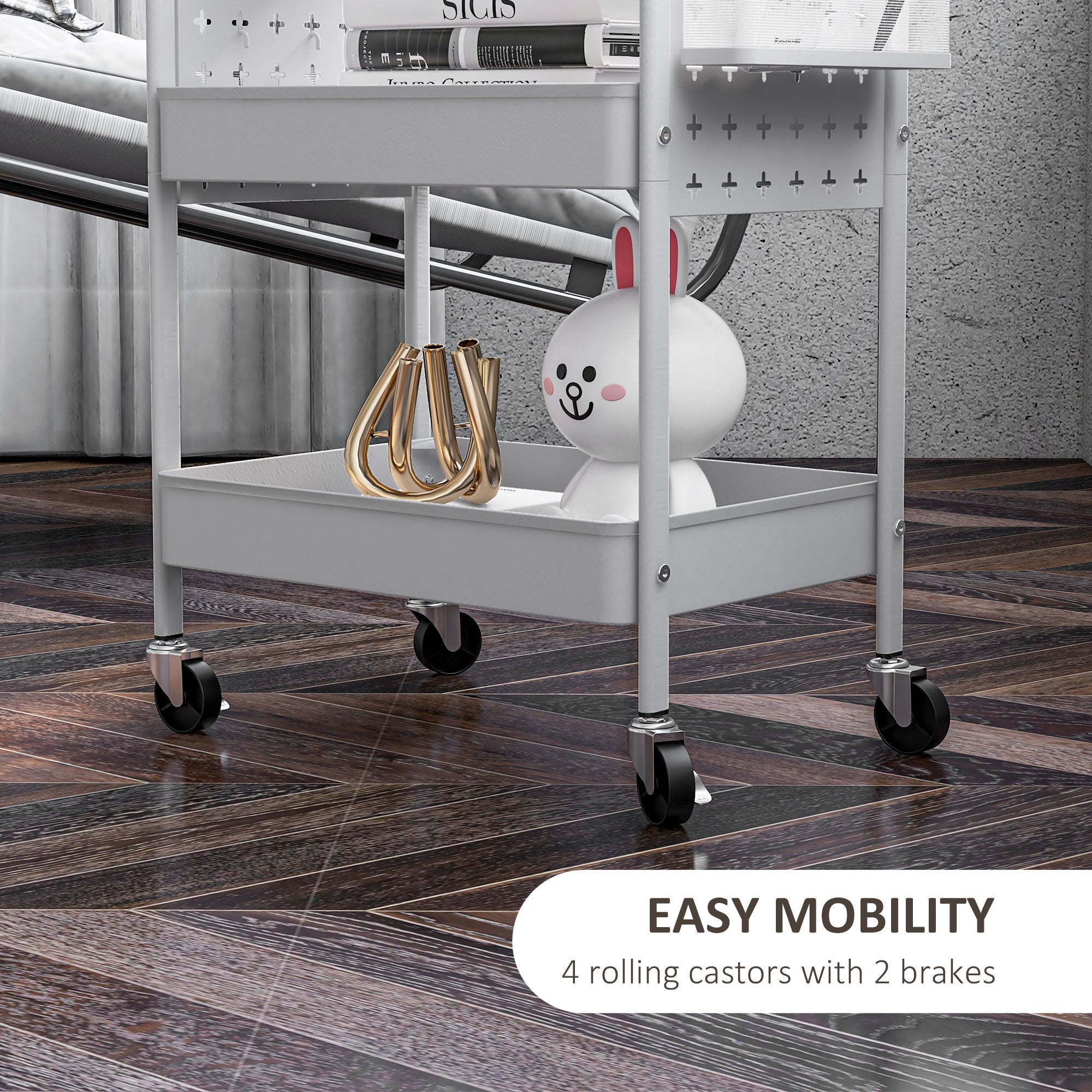 HOMCOM 3-tier Storage Trolley on Wheels, Rolling Utility Serving Cart with 3 Mesh Baskets, 2 Hanging Boxes and 6 Hooks for Living Room, Kitchen, White - North Peak Garden Furniture