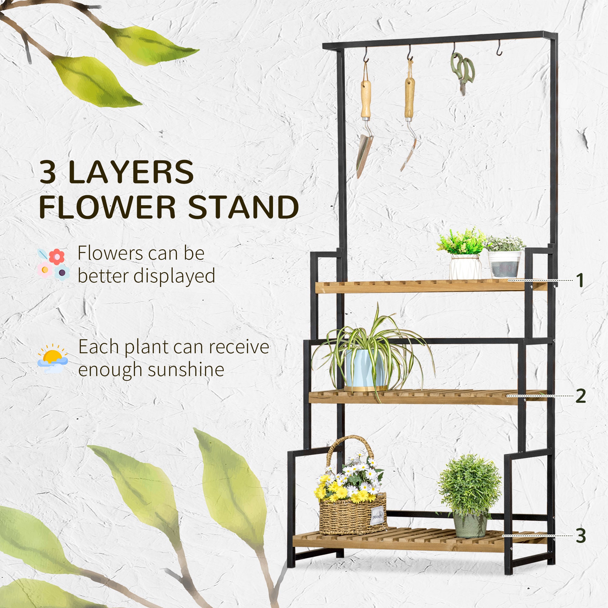 Outsunny 3 Tiered Plant Stand with Hanging Hooks, Flower Rack Shelf for Indoor Outdoor Porch Balcony Living Room Bedroom - North Peak Garden Furniture