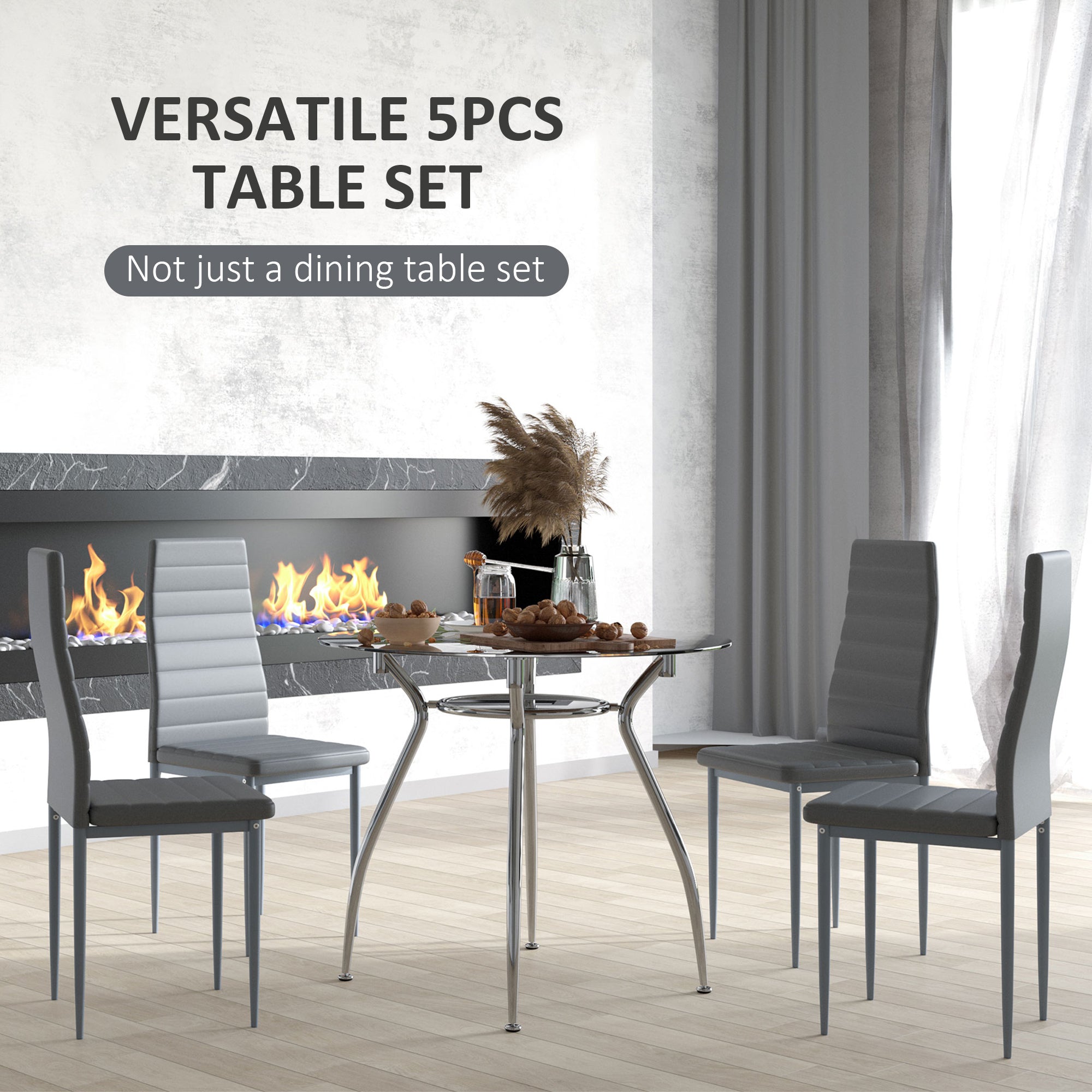 HOMCOM Five-Piece Dining Set, with Padded Chairs and Glass-Top Table - Grey - North Peak Garden Furniture