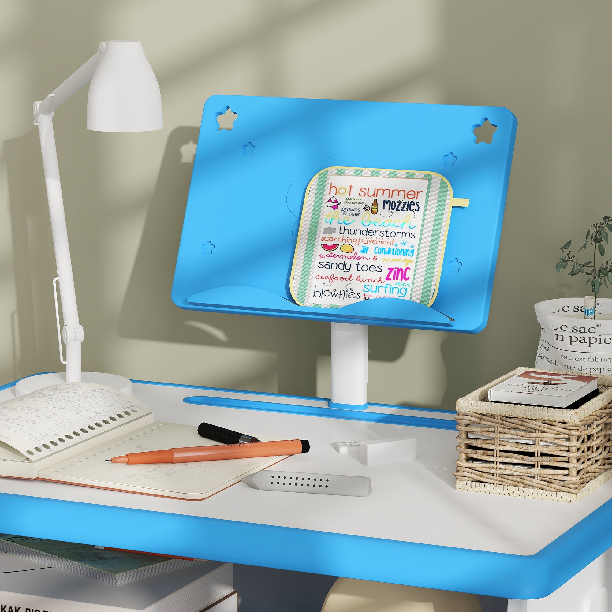 HOMCOM Kids Adjustable Desk and Chair Set, Book Stand, Pen Slot - Blue - North Peak Garden Furniture