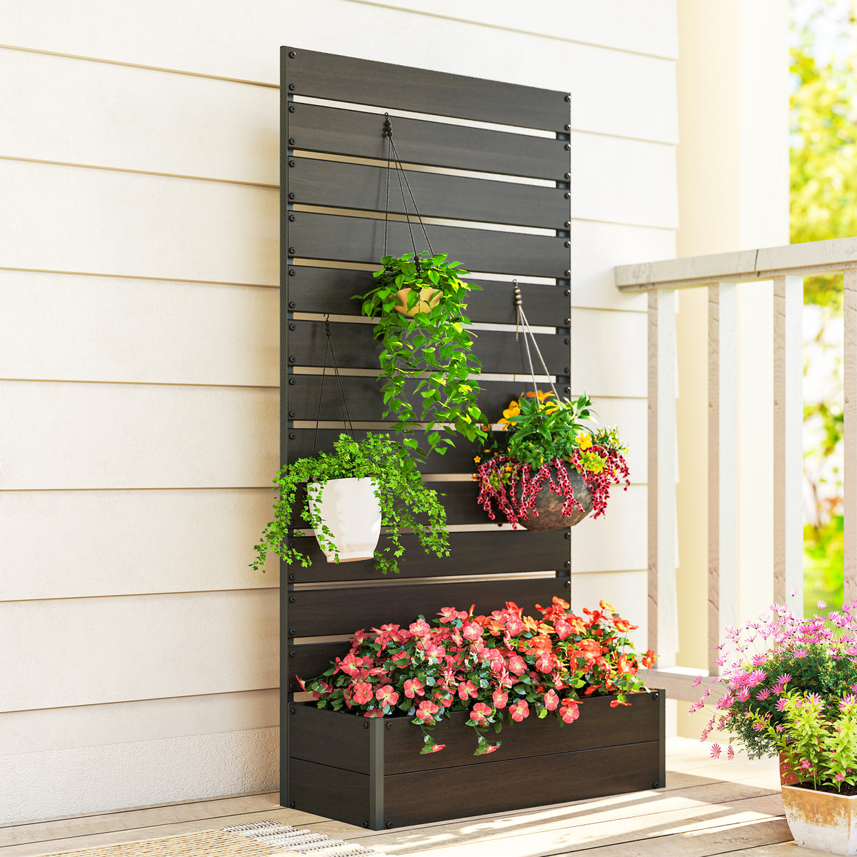 Outsunny Raised Bed for Garden, Planter with Trellis for Climbing Plants, Vines, Planter Box with Drainage Gap, Black