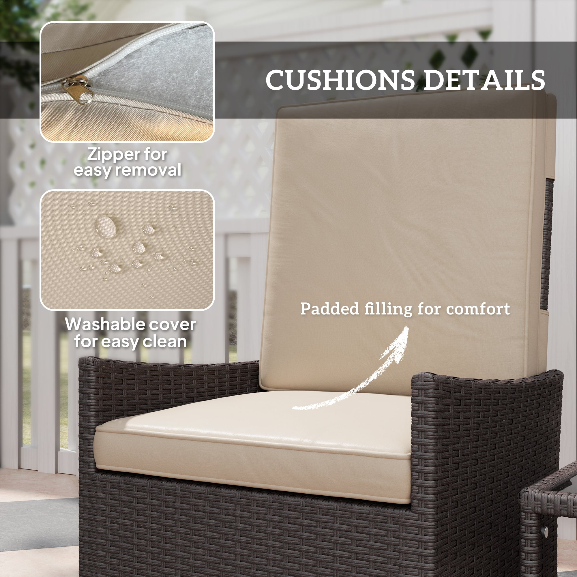 Outsunny 5 Piece Rattan Garden Furniture Set, Wicker Patio Sofa Set with 2 Armchairs, 2 Footstools, Glass Top Coffee Table with Shelf, Outdoor Furniture with Adjustable Backrests, Cushions, Khaki - North Peak Garden Furniture