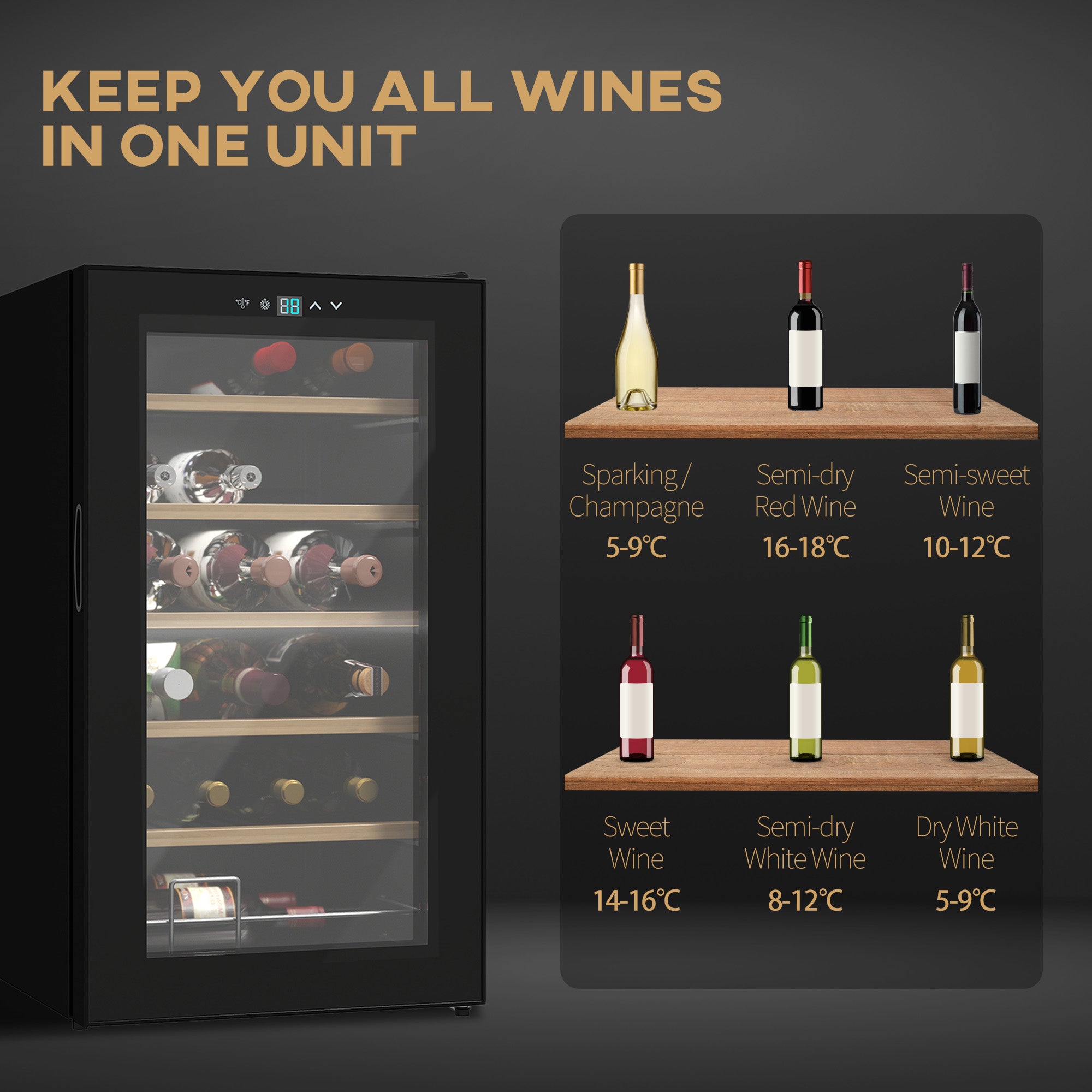 HOMCOM 24 Bottles Freestanding Wine Fridge with Glass Door, 65 Litres Single Zone Wine Cooler Fridge with Digital Touch Screen Controls and LED Light, Black - North Peak Garden Furniture