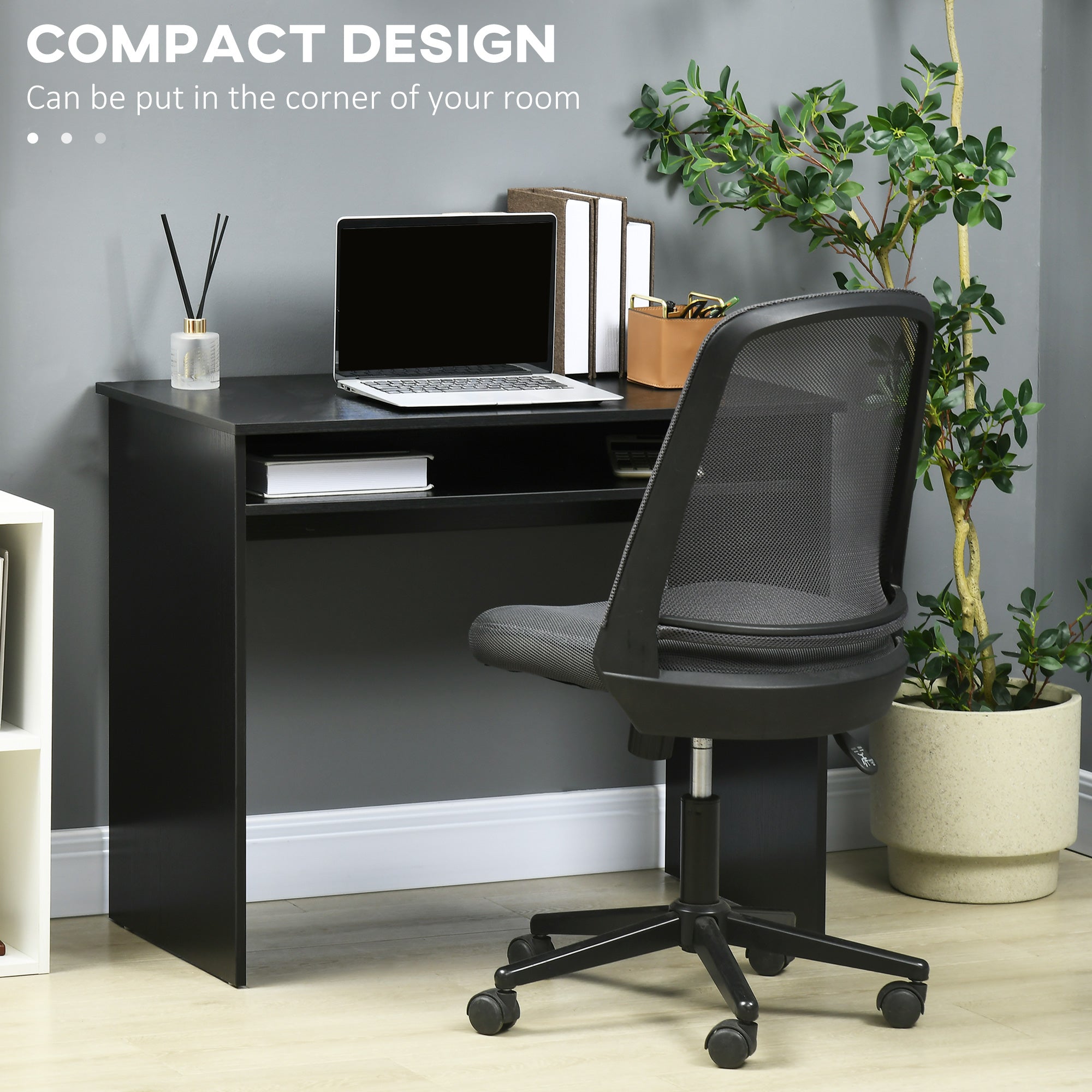 HOMCOM Modern Computer Desk, Home Office Table, Small Writing Desk with Storage Shelf, 90 x 50cm, Black Wood Grain - North Peak Garden Furniture