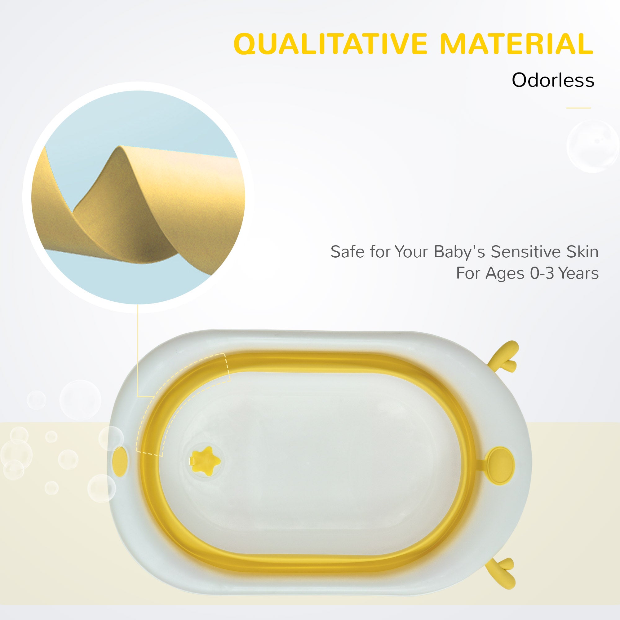 HOMCOM Foldable Baby Bathtub Set, Collapsible Bath Tub with Thermostatic Water Plug, Non-Slip Support, Cushion Pad, Drain Plugs, for Newborn to 3 Years - Yellow - North Peak Garden Furniture