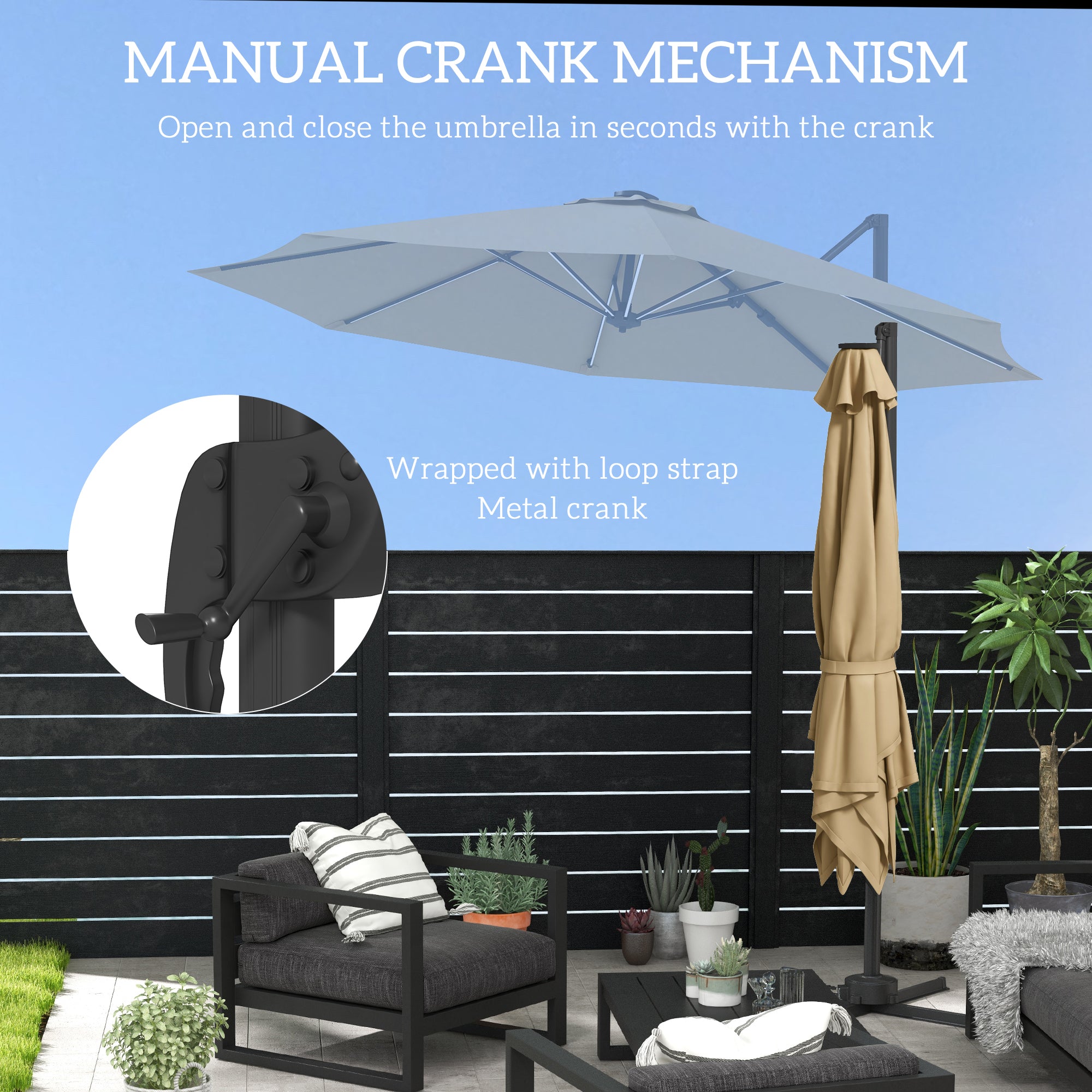 Outsunny 3(m) Adjustable Cantilever Parasol with Base, Solar LED Lights, Khaki - North Peak Garden Furniture
