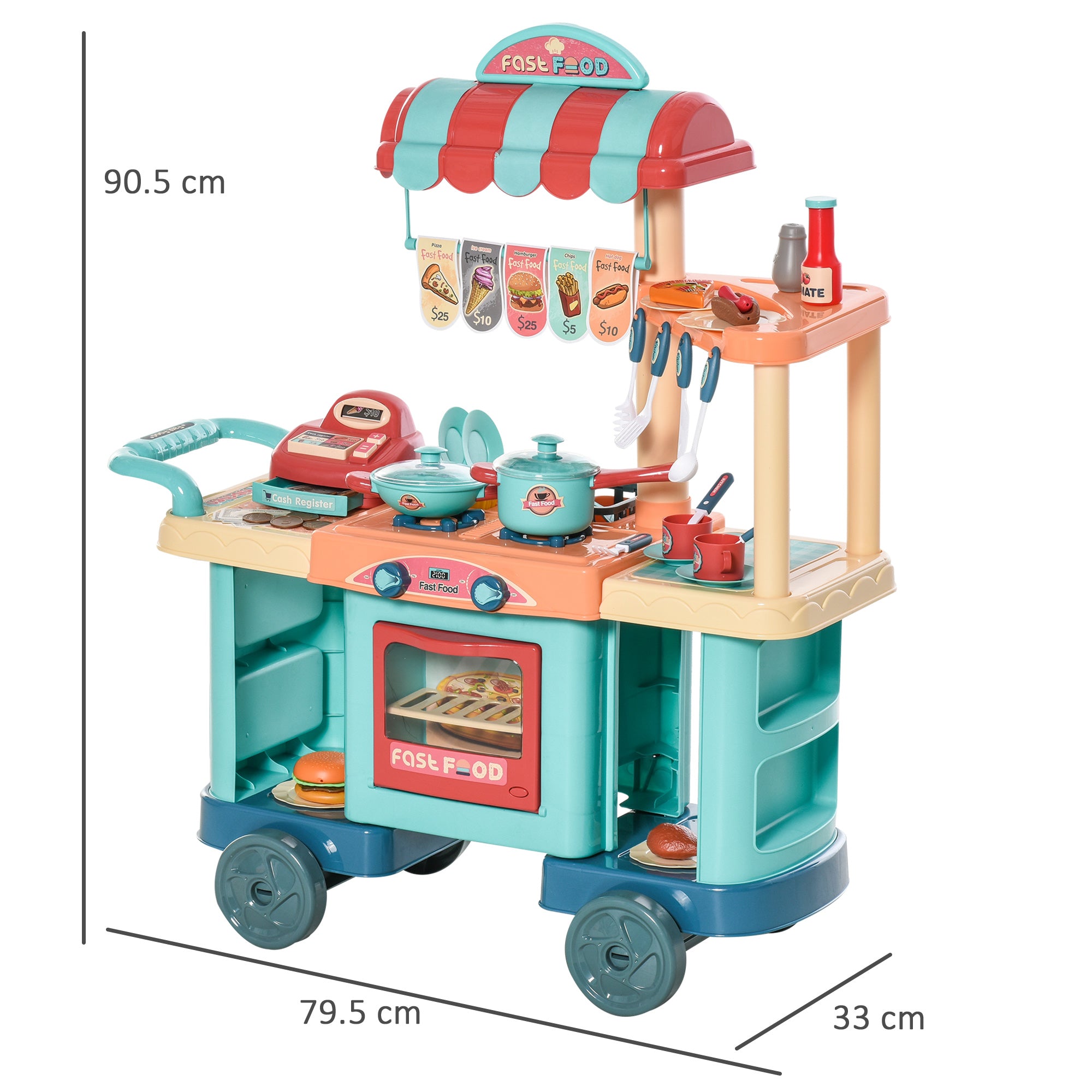 HOMCOM 50 Pcs Kids Kitchen Play set Fast Food Trolley Cart Pretend Playset Toys with Play Food Cashier Register Accessories Gift for Boys Girls Age 3-6 - North Peak Garden Furniture
