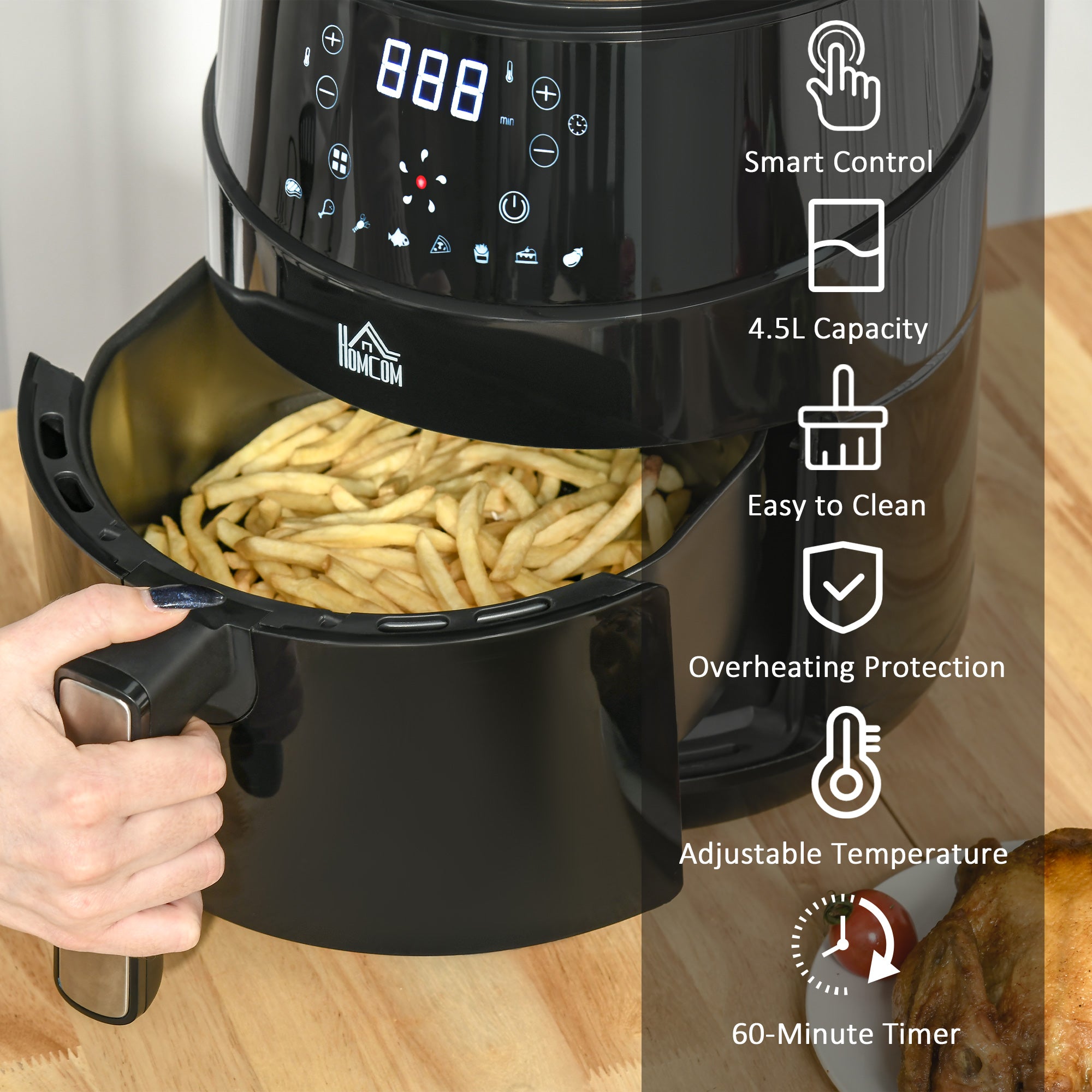 HOMCOM Air Fryer, 1500W 4.5L Air Fryer Oven with Digital Display, Rapid Air Circulation, Adjustable Temperature, Timer and Nonstick Basket for Oil Less or Low Fat Cooking, Black