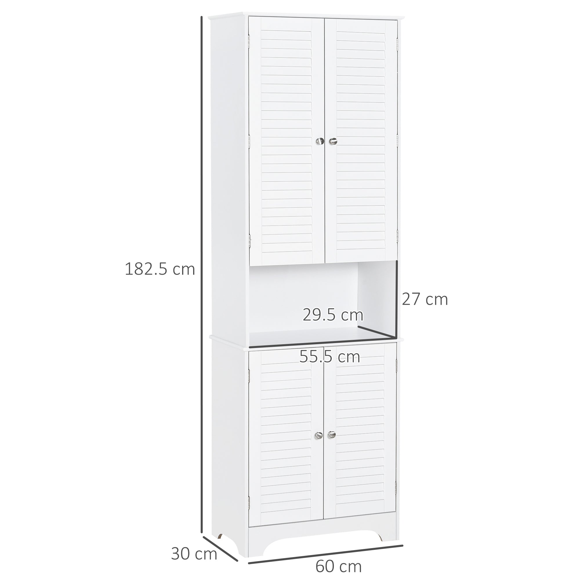 HOMCOM Tall Freestanding Bathroom Cabinet Retro Shutters w/ 3 Compartments Shelves Elevated Base Narrow Organiser White 60L x 30W x 182.5H cm - North Peak Garden Furniture