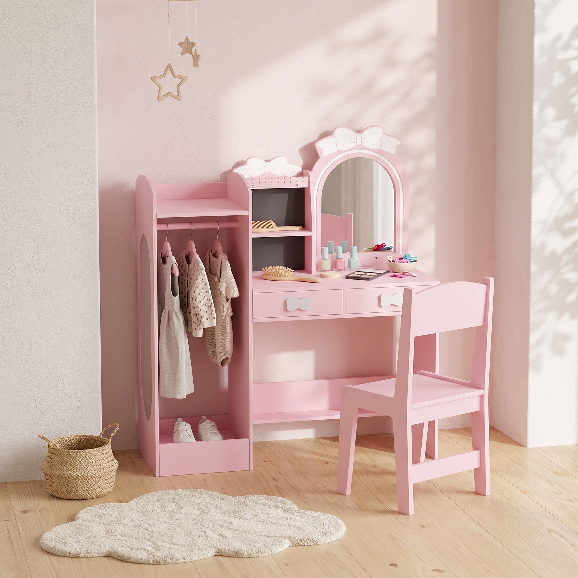 AIYAPLAY Kids Dressing Table, 3-in-1 Girls Vanity Set with Stool, 2-Colour Lights Mirror, Clothes Rack for Ages 3-8, Pink