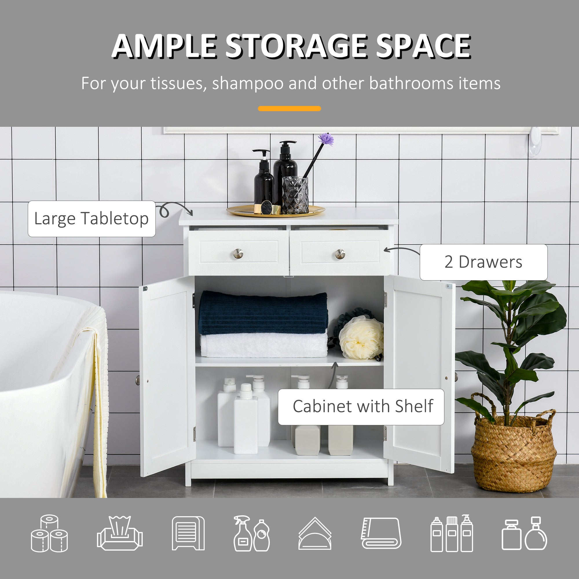 kleankin 75x60cm Freestanding Bathroom Storage Cabinet Unit w/ 2 Drawers Cupboard Adjustable Shelf Metal Handles Traditional Style White - North Peak Garden Furniture