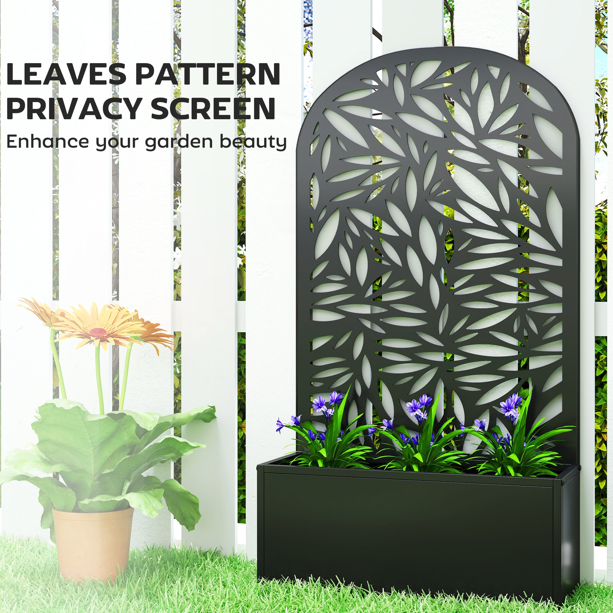 Outsunny Metal Garden Bed for Garden with Trellis, Wall Mounted or Freestanding Raised Planter with Curved Privacy Screen