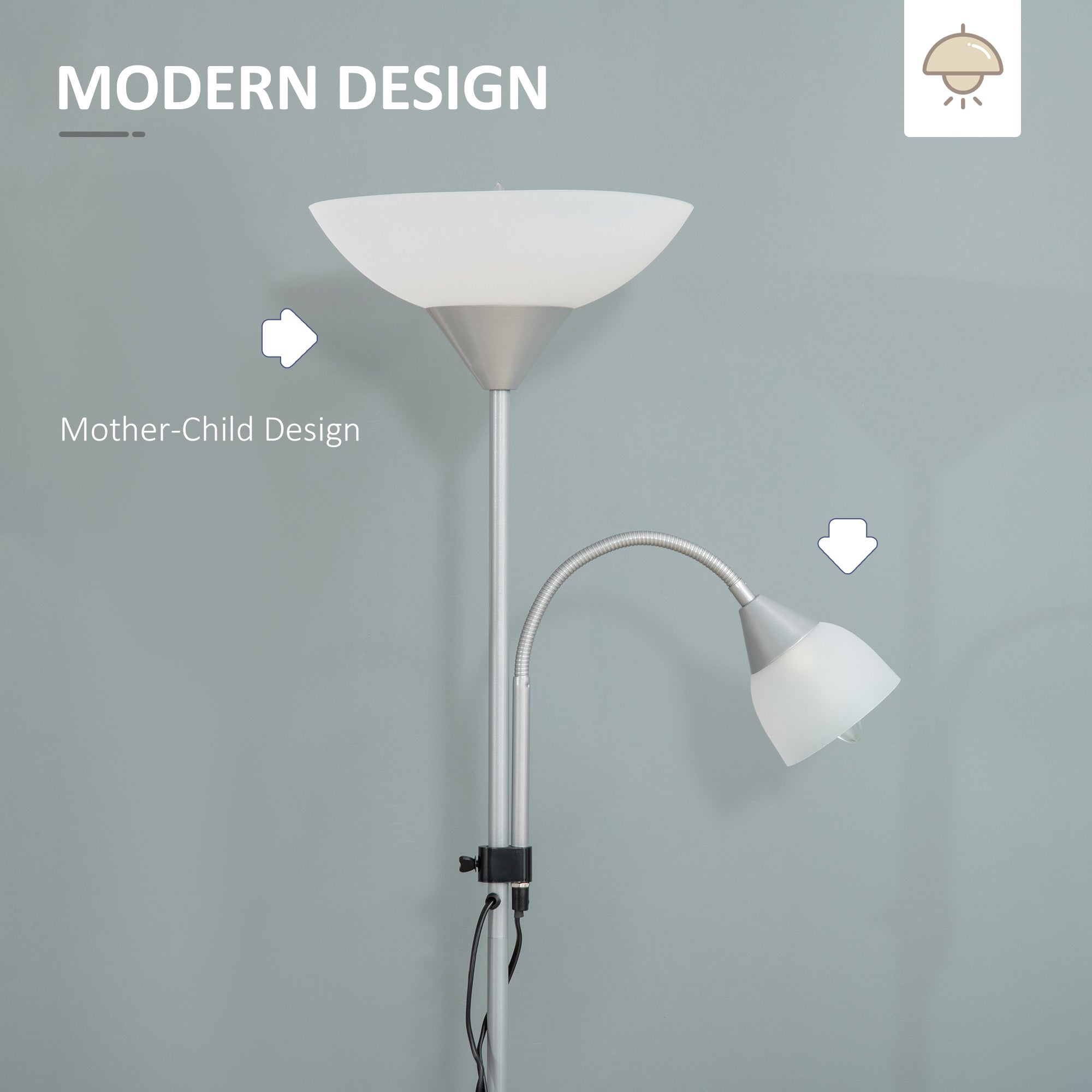 HOMCOM Modern Floor Lamp, Uplighter 2-Light Reading Lamp with Adjustable Heads, Tall Standing Lamp for Living Room, Bedroom, Office - North Peak Garden Furniture