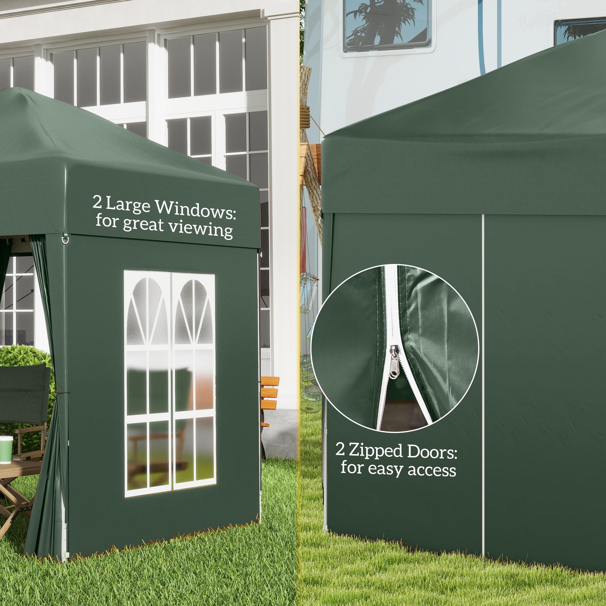 Outsunny 2 x 2 m Garden Pop Up Gazebo, Wedding Party Tent Marquee, Water Resistant Awning Canopy with Sidewalls, Windows, Carry Bag, Green - North Peak Garden Furniture