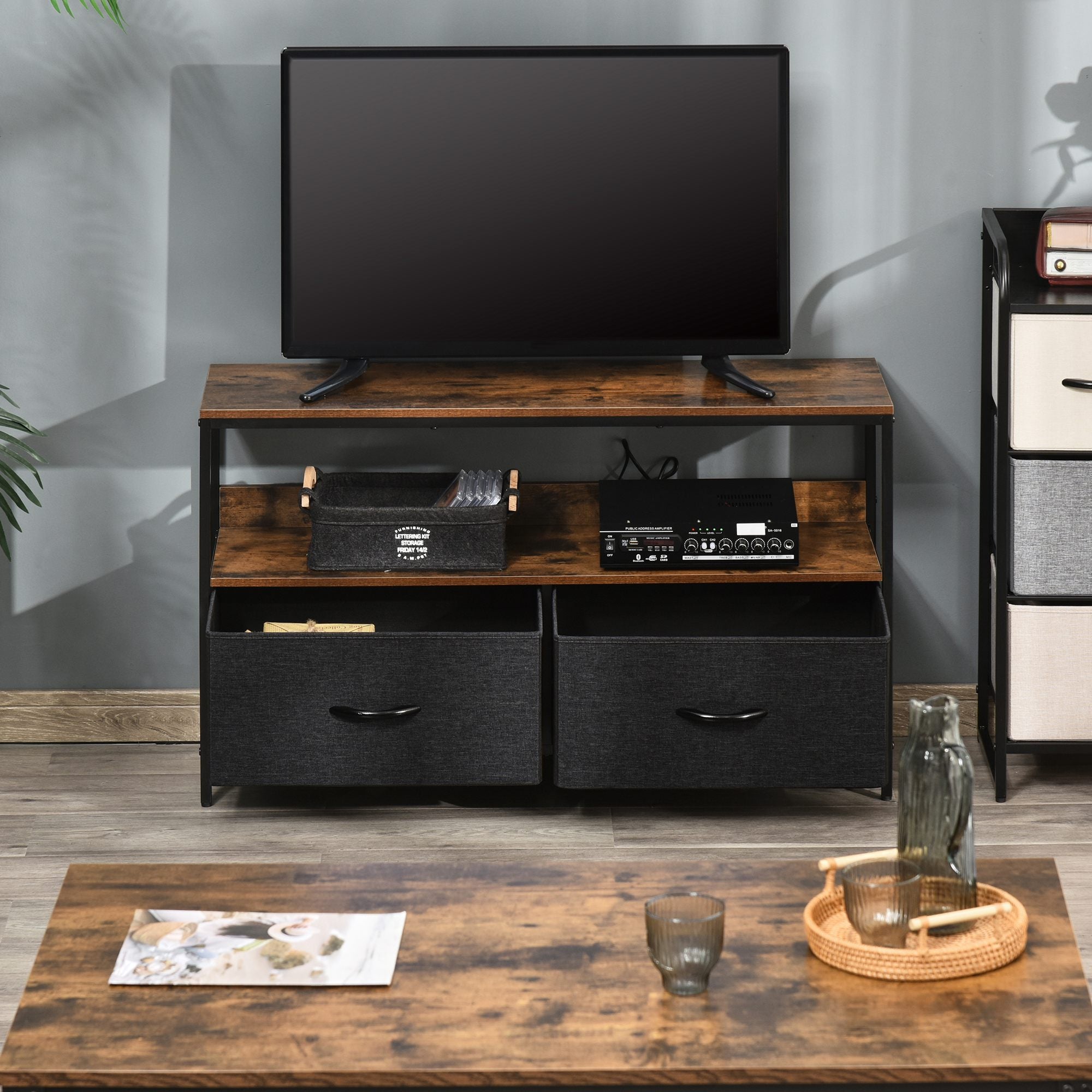 HOMCOM TV Cabinet for 47-inch TVs, TV Console Unit with 2 Foldable Linen Drawers, TV Stand with Shelving for Living Room, Entertainment Room, Rustic Brown - North Peak Garden Furniture