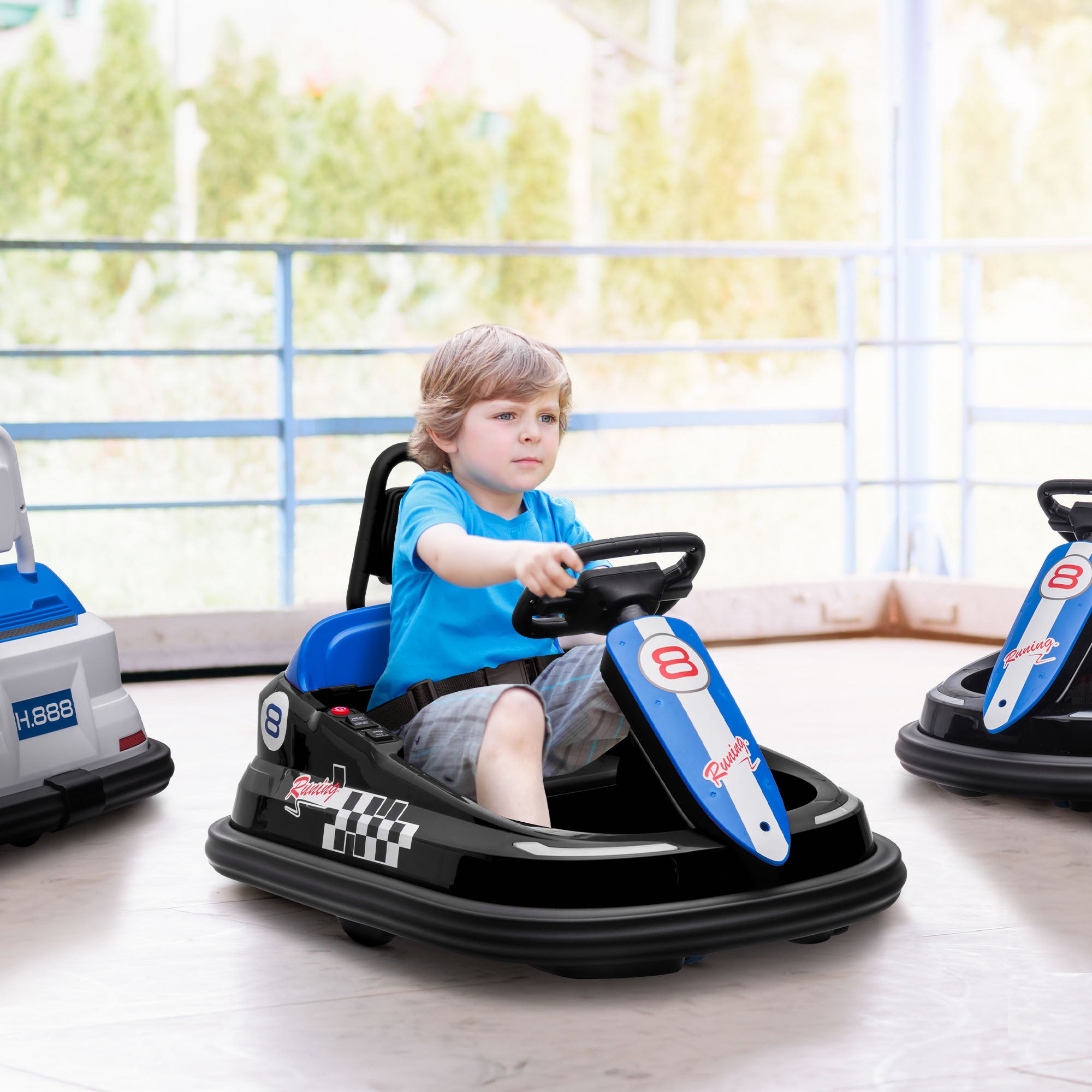 HOMCOM 6V Electric Kids Bumper Car, 6V Spin Waltz Car, with Music, Horn, Lights - Black - North Peak Garden Furniture
