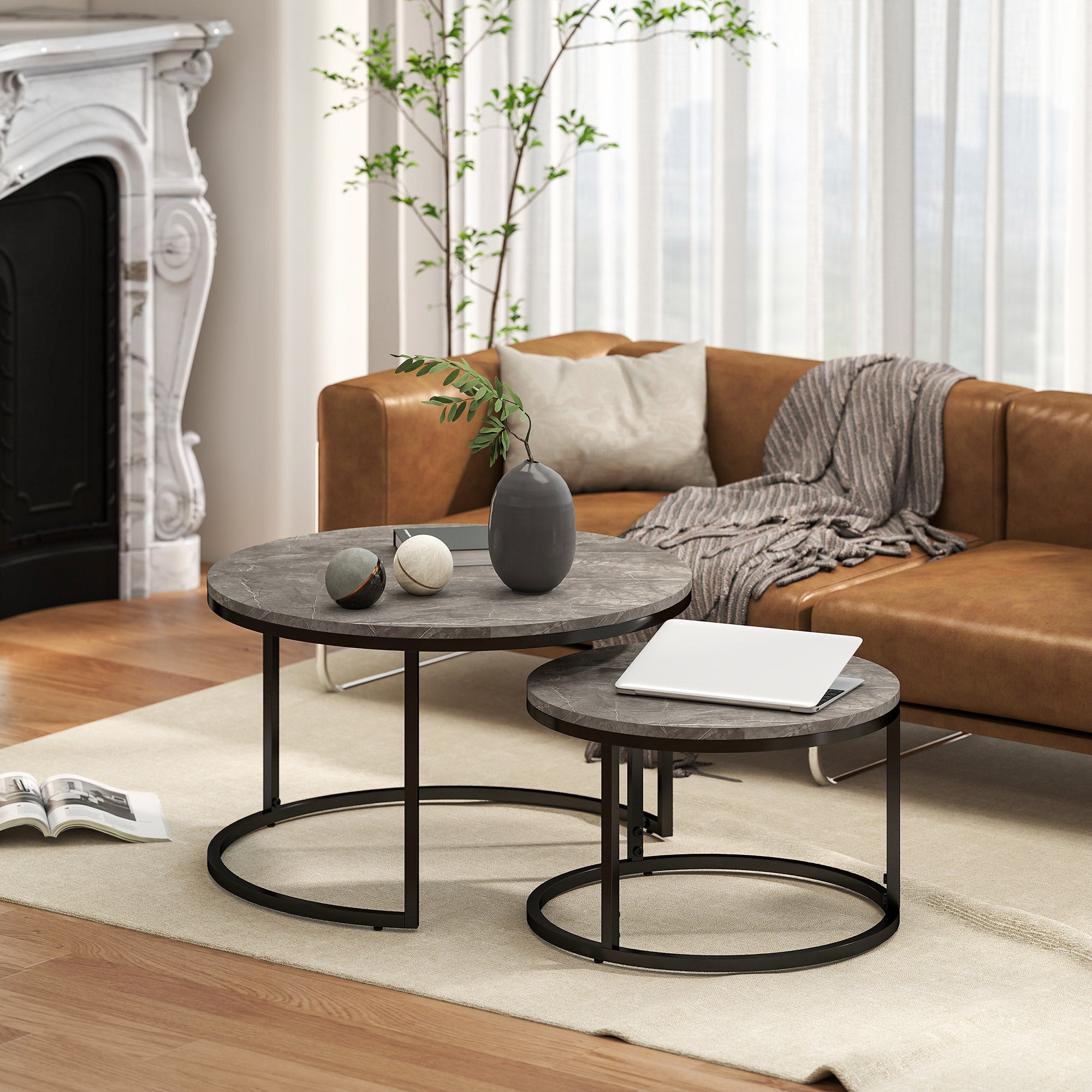 HOMCOM Industrial Nesting Coffee Table Set of 2, Round Coffee Tables, Living Room Table with Faux Marbled Top and Steel Frame - North Peak Garden Furniture