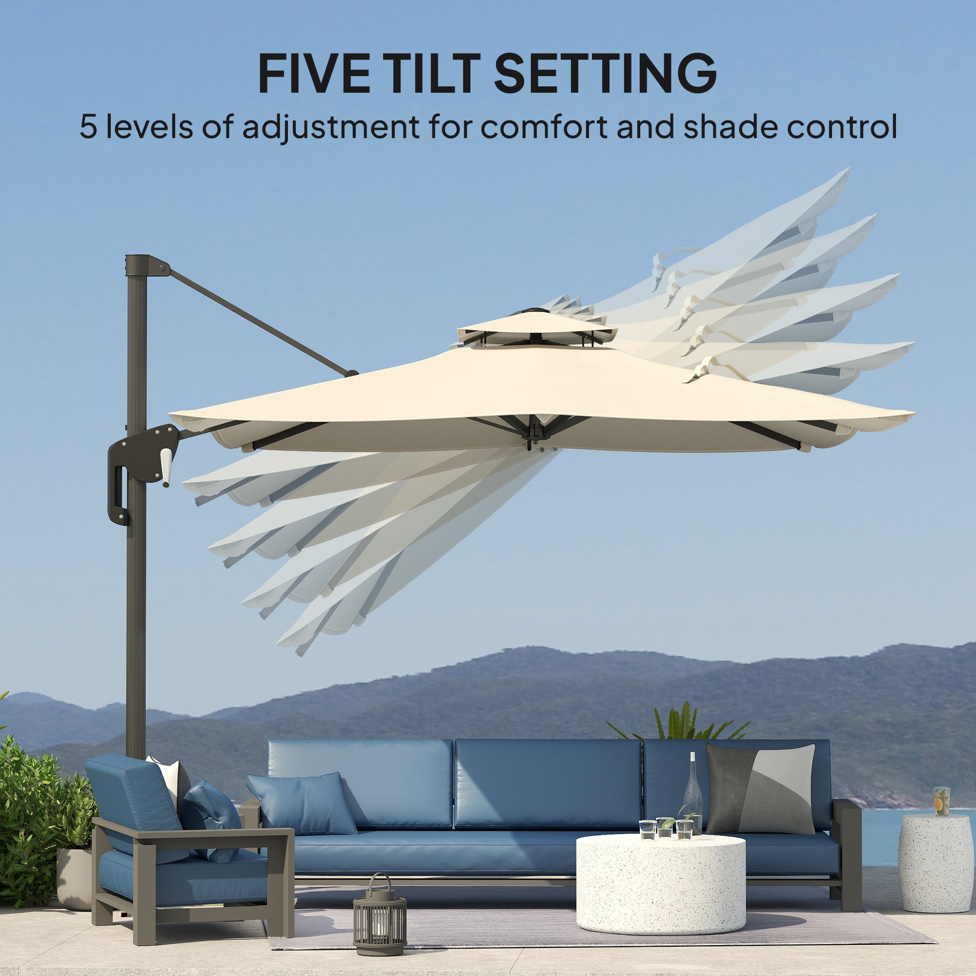 Outsunny 3.7 x 2.7 m Cantilever Parasol w/ 360° Rotation and Easy Tilt Adjustment, Aluminium Hanging Offset Outdoor Umbrella w/ Double Top and Cross Base, UPF50+ Hanging Sun Shade, Black - North Peak Garden Furniture