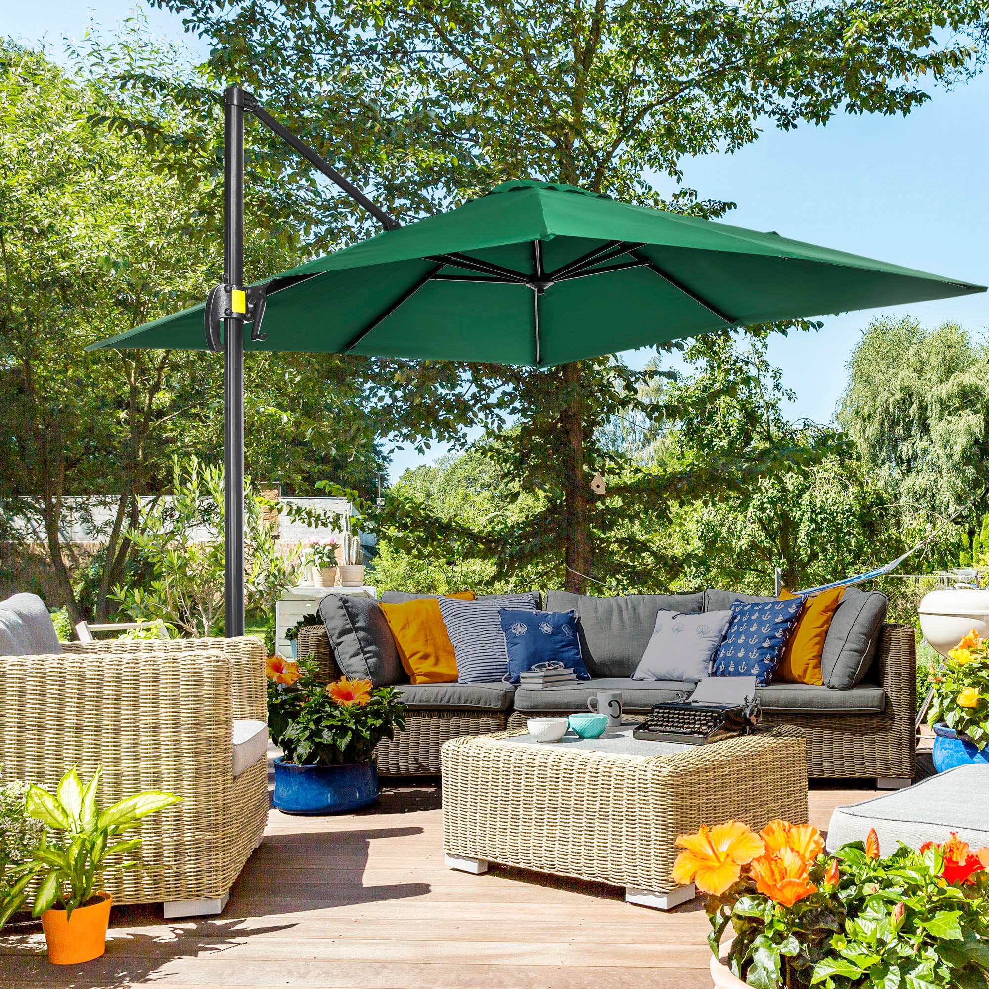 Outsunny Square Umbrella Parasol W/360° Rotation, 245Lx245Wx248H cm-Green - North Peak Garden Furniture